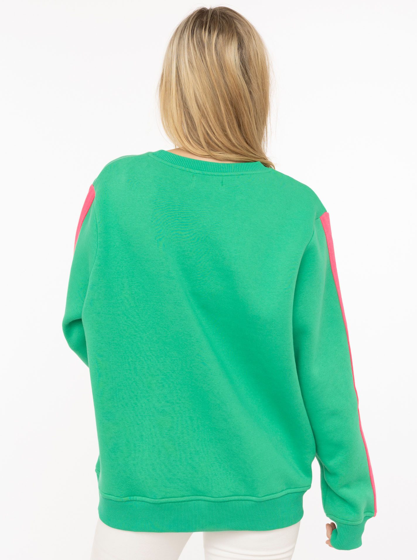 Zwillingsherz Sweatshirt "Smile Everyday" pinker Streifen am Arm, Rundhals, gesticktes Herz und Schrift – Bild 4 von 5