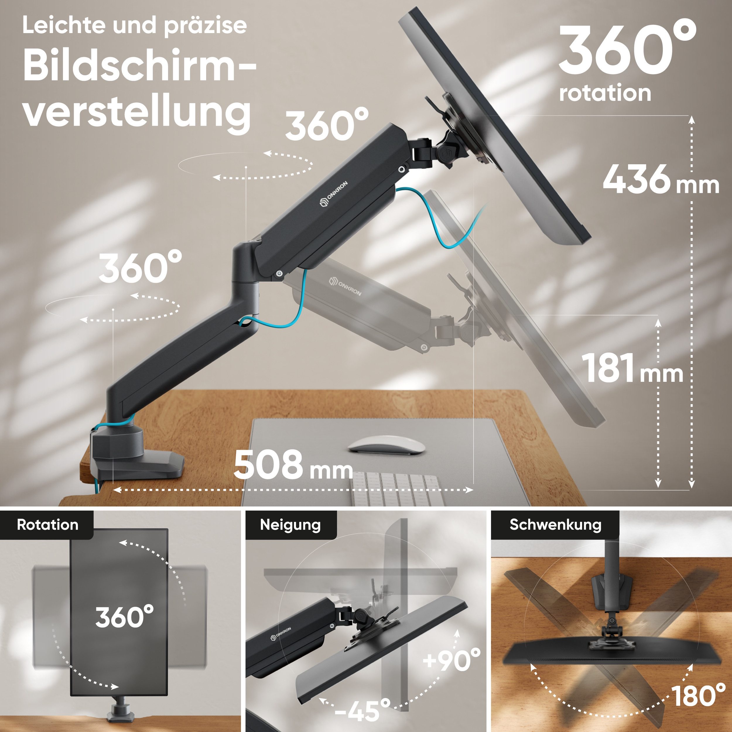 ONKRON Monitor-Halterung 13-32 Zoll, bis 10 kg, VESA 75x75-100x100, G80-B, (bis 32 Zoll, neigbar, schwenkbar, drehbar, Gasdruckfeder, Kabelmanagement)
