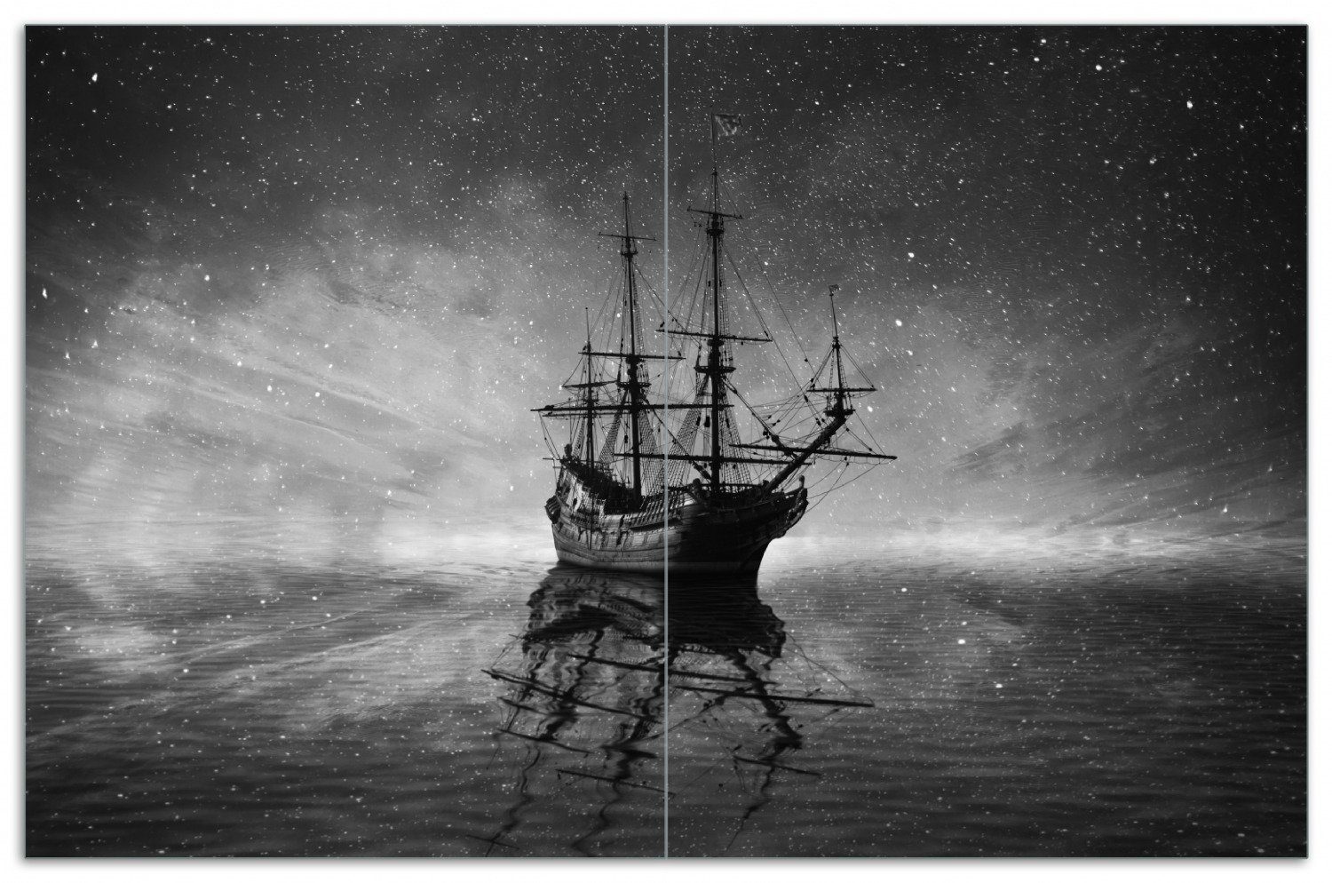 Wallario Herd-Abdeckplatte Einsames Segelschiff bei Nacht Schwarz-Weiß, ESG-Sicherheitsglas, (Glasplatte, 2 tlg., inkl. 5mm Noppen), verschiedene Größen