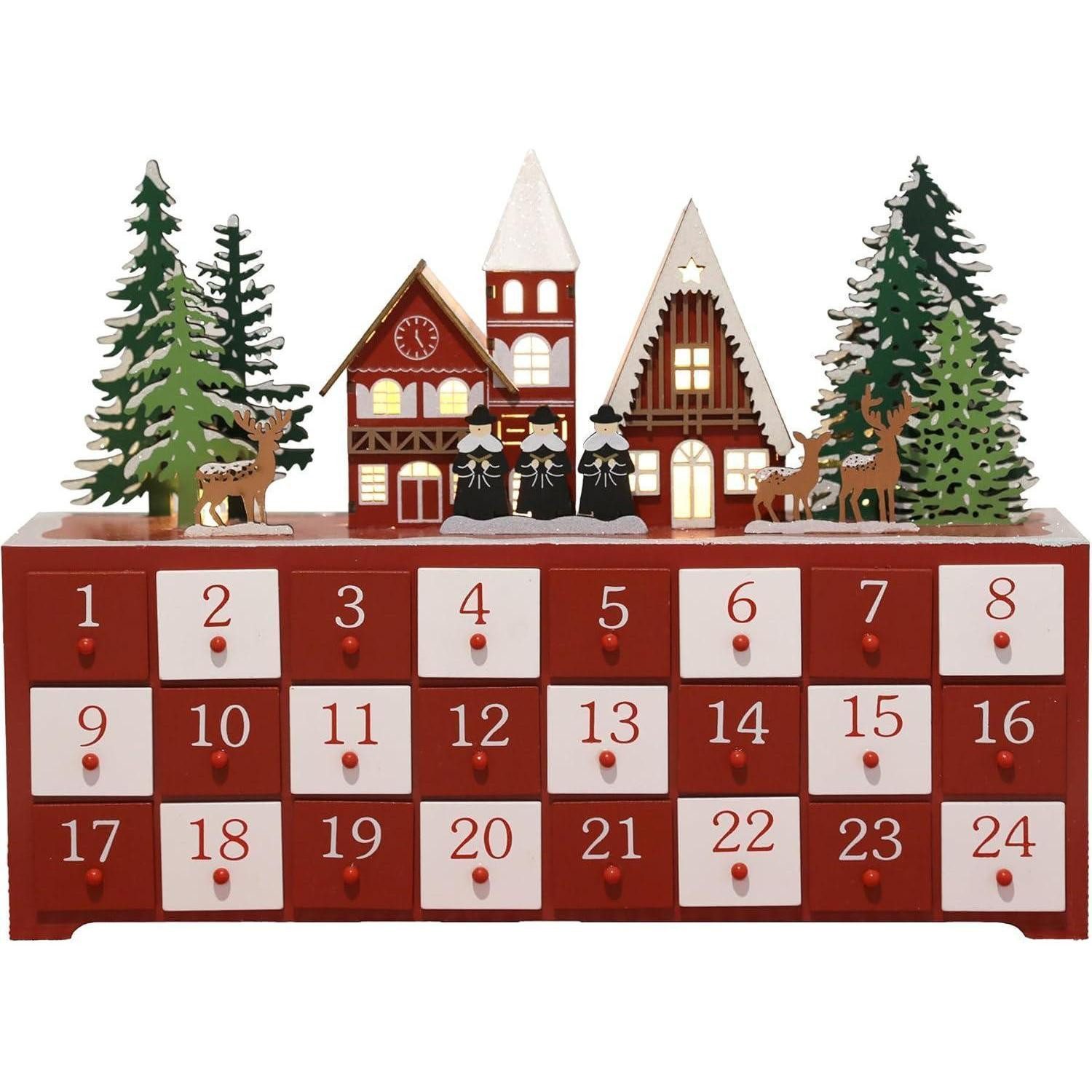 LuxusKollektion befüllbarer Adventskalender Adventskalender handgefertigt Holz 24 Schubladen beleuchtete Dorfszene