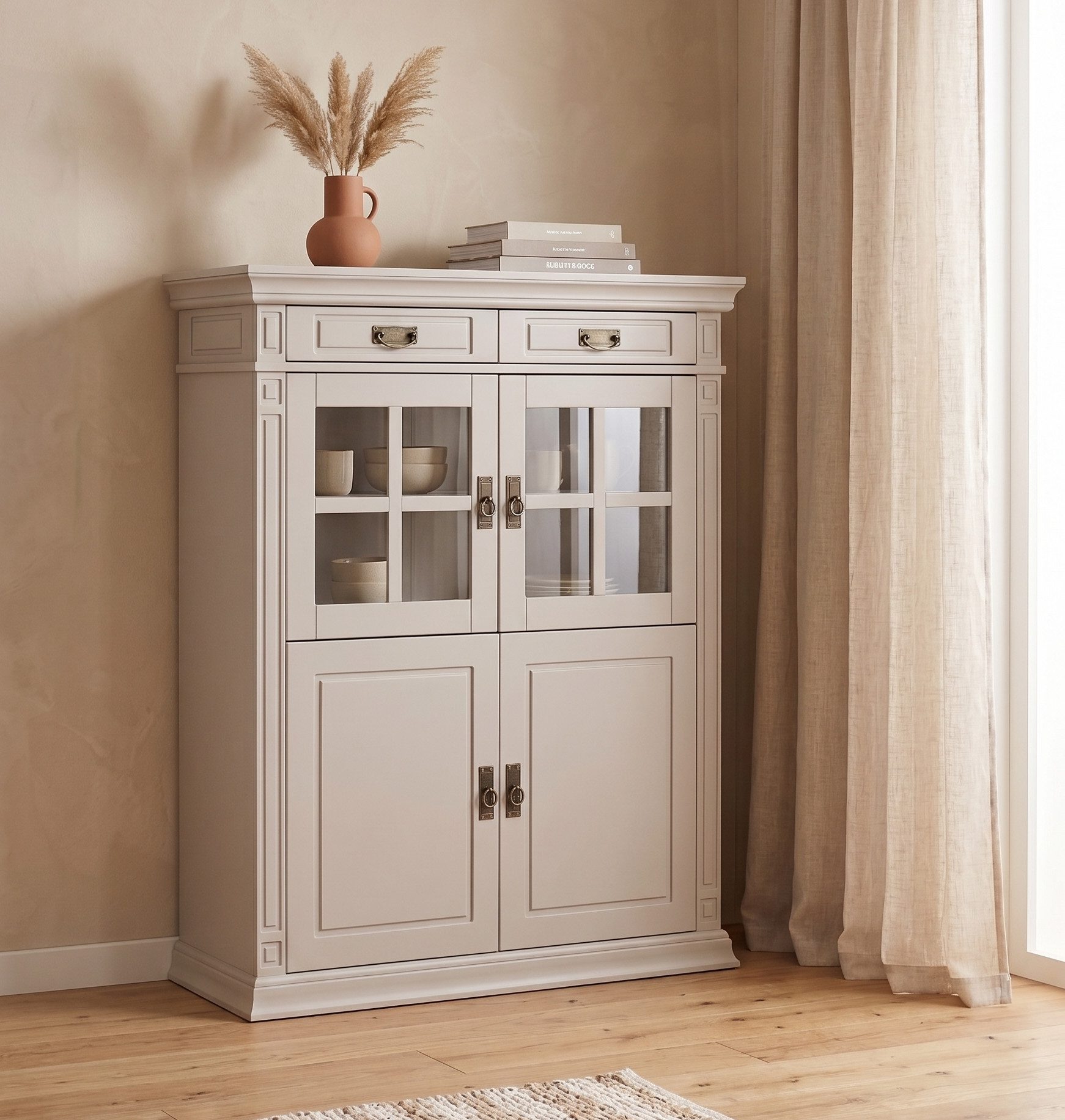 OTTO home Highboard Vinales, 2 Schubladen, 4 Türen, 3 Einlegeböden, Griffe im Jugendstil (B/T/H:112/39/130 cm), Vitrine, Messinggriffe im Jugendstil