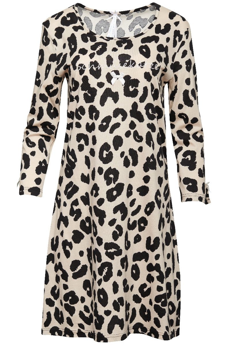 Louis & Louisa Schlafanzug Nachthemd Damen - SCHMUSEKATZE - beige/schwarz