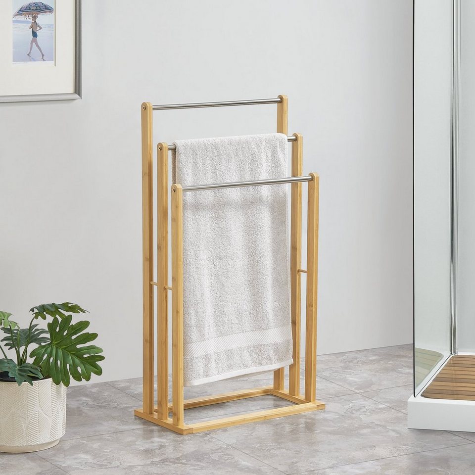 en.casa Handtuchhalter, Porsange Handtuchständer mit 3 Stangen aus Bambus  46x24x84cm