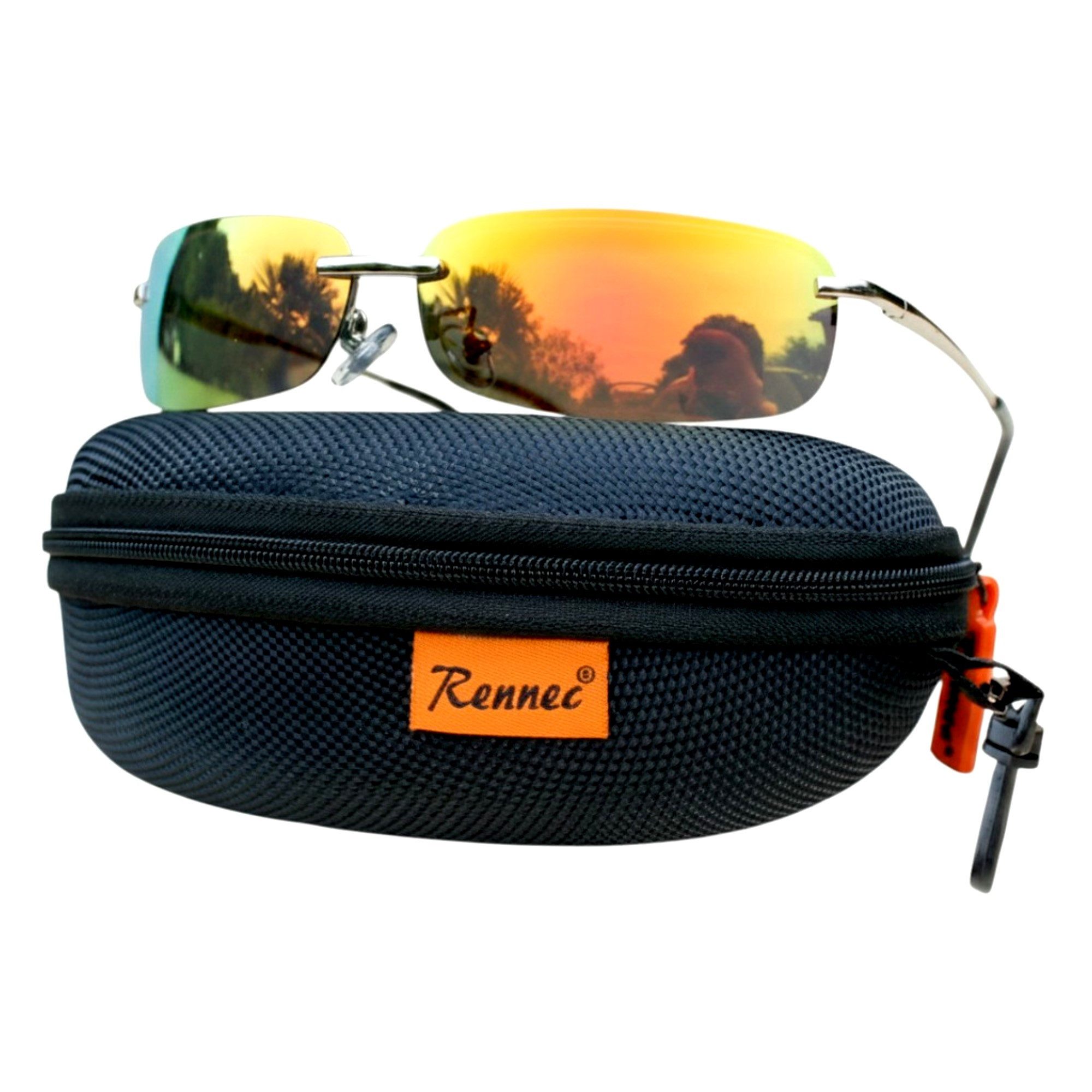 Rennec Sonnenbrille Schmal Rechteckig Klein Damen Herren Brille mit Hardcase (Leichtes Edelstahl Gestell mit Federscharniere) Gläser UV400 Getönt oder Verspiegelt