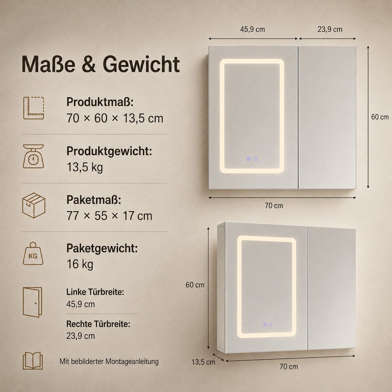 Simurq Badezimmerspiegelschrank Spiegelschrank mit Beleuchtung, Anti-Beschlag, 2 Türen (Einzelartikel, 1-St., 1 Badspiegelschrank) 3 Lichtfarben, Anti-Beschlag, doppelseitiger Innenspiegel