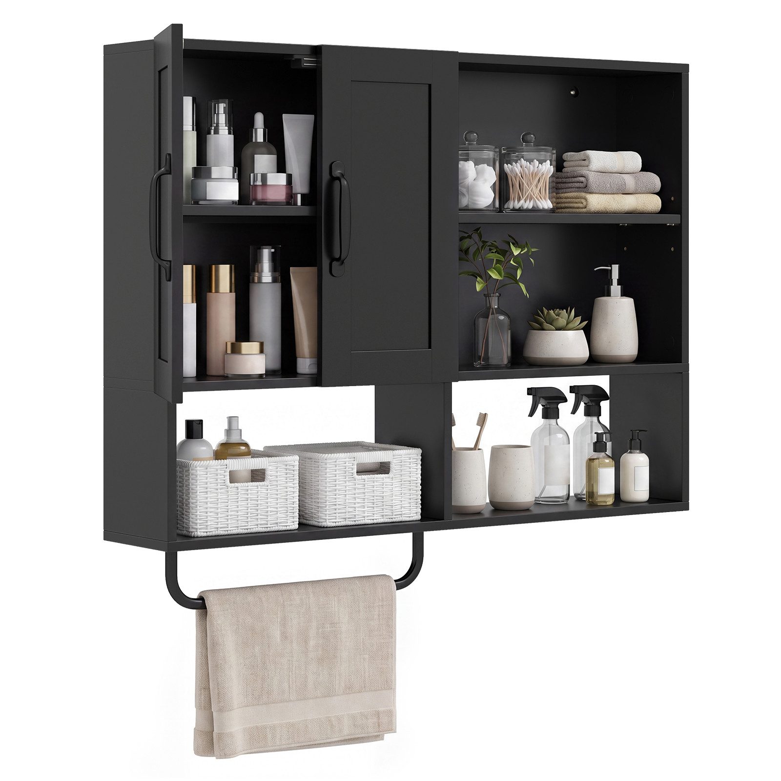 COSTWAY Hängeschrank Badezimmerschrank mit Handtuchhalter, Fächern Wandschrank Holz