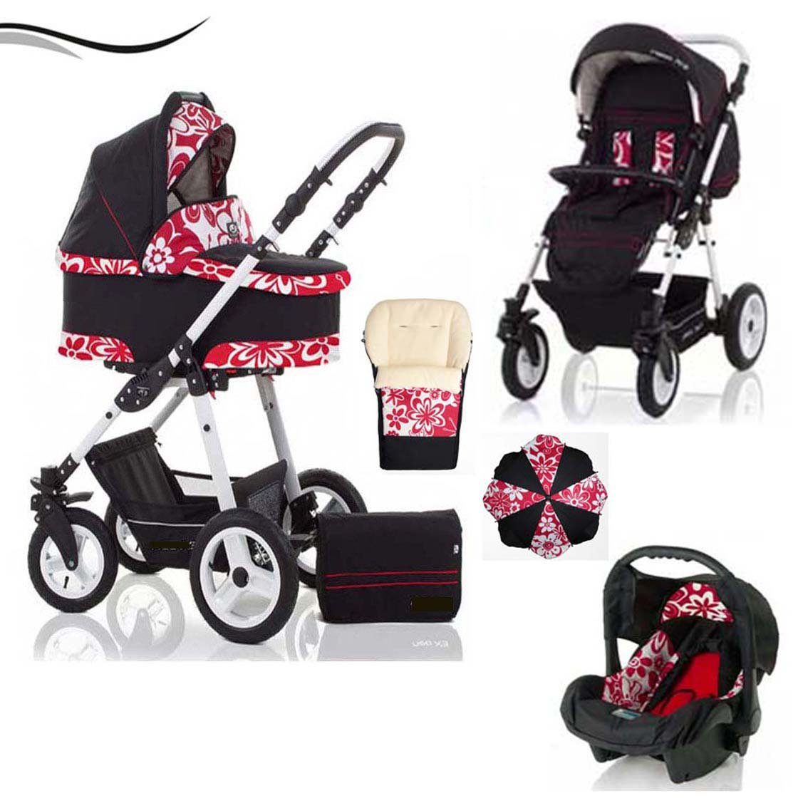babies-on-wheels Kombi-Kinderwagen City Star 5 in 1 inkl. Autositz, Sonnenschirm und Fußsack - 18 Teile - von Geburt bis 4 Jahre in 16 Farben Rot-Blume | Kombikinderwagen