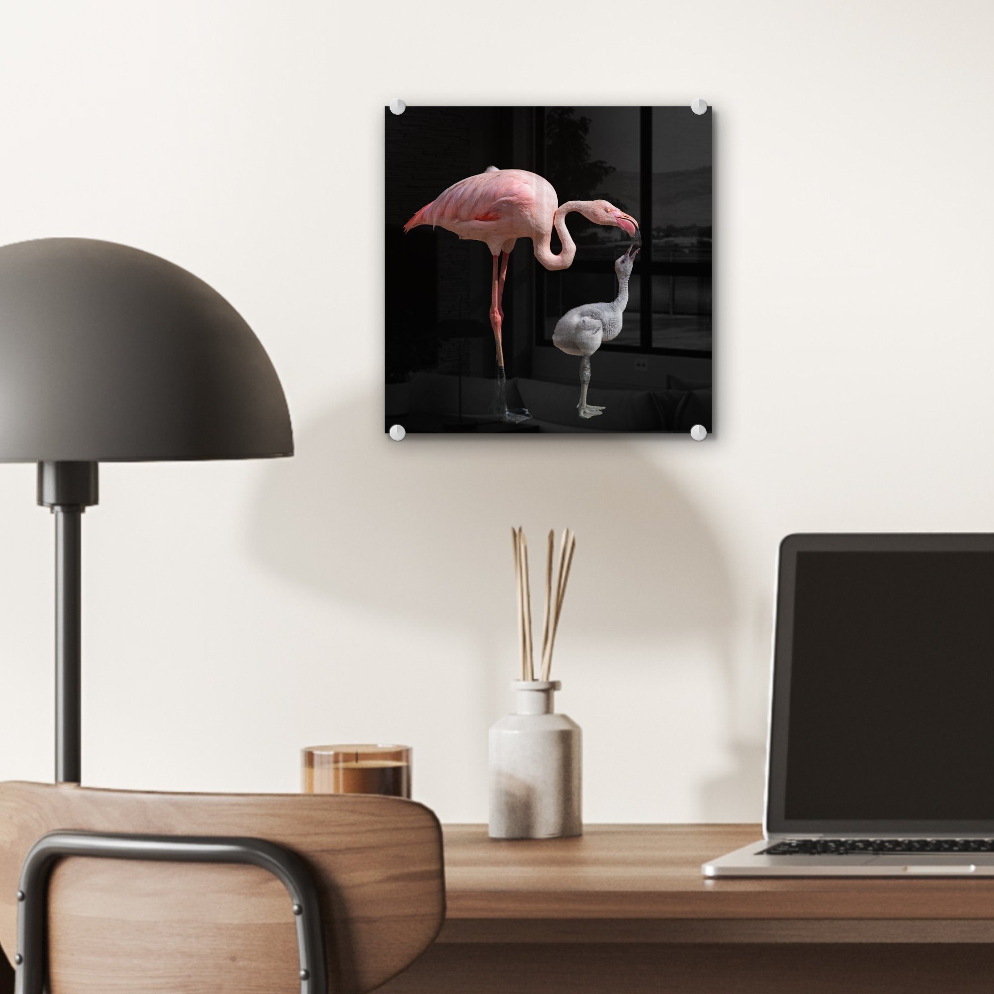 - - Acrylglasbild Glas - St), mit Flamingo-Mutter Foto (1 Bilder Wanddekoration auf Kind, Glasbilder Glas auf Wandbild MuchoWow