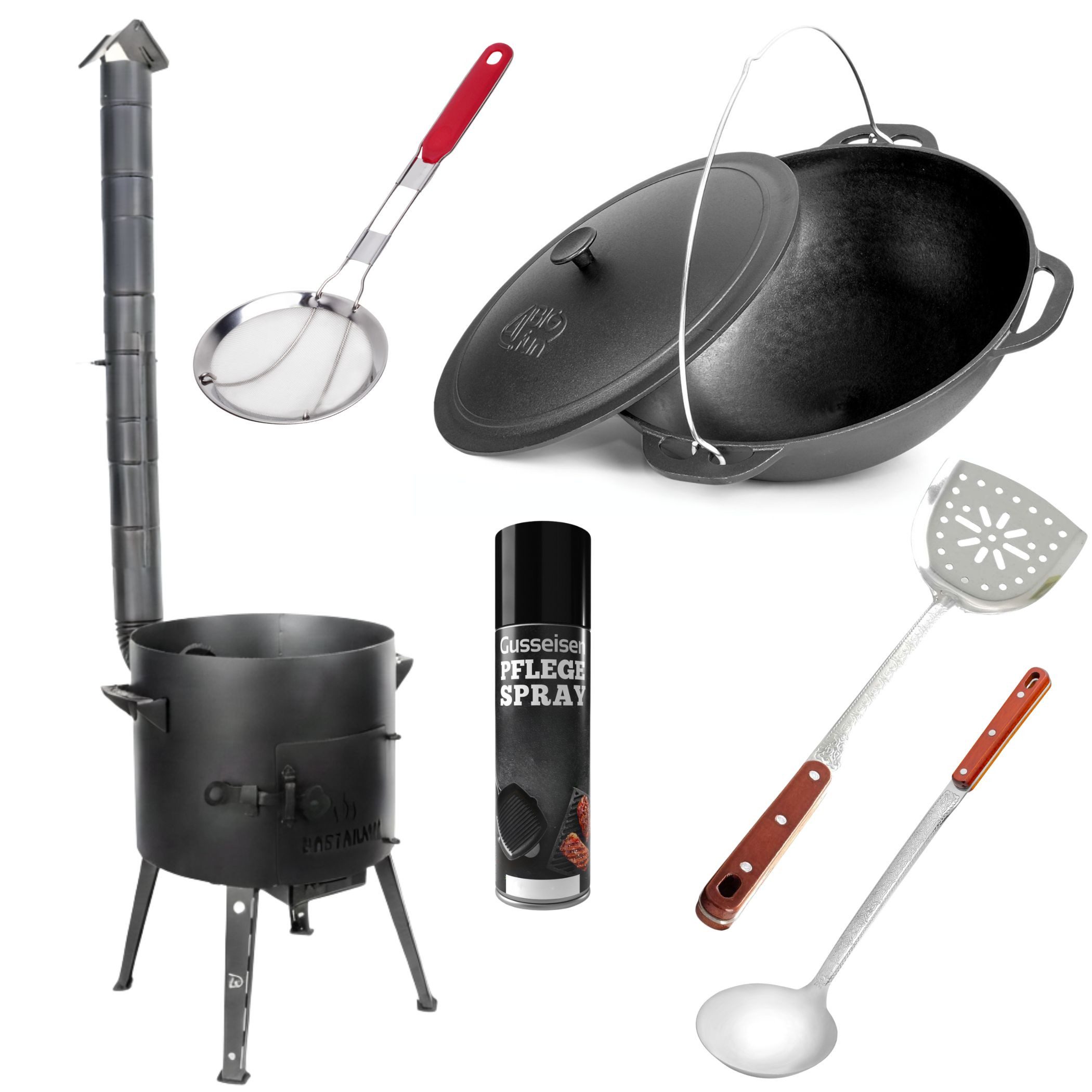 BIG-PAN Feuerstelle Premium Gusseisen Kazan Set 12L Gusseisendeckel, (Uchag Asia Wok Topf Plov, Feuerofen Utschak Gulaschkanone), Premium Gusseisen Kasan mit Pflegespray