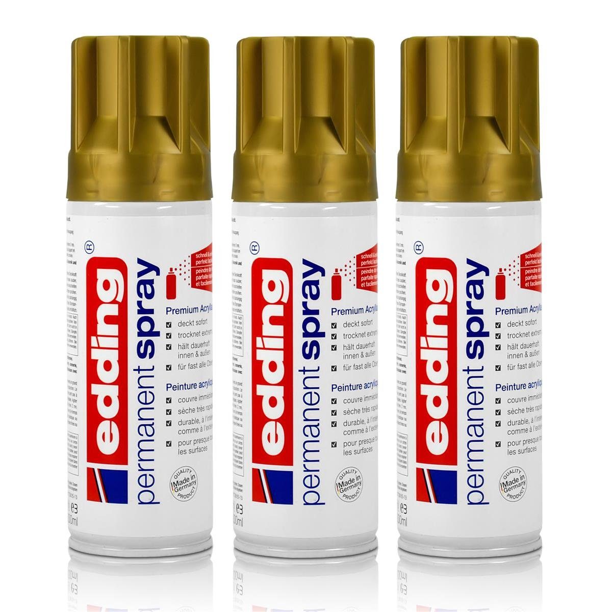 edding Sprühfarbe 3x edding Permanent Spray reichgold 200 ml Premium Acryllack