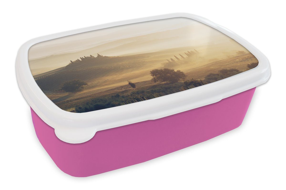 Snackbox, MuchoWow Erwachsene, Kinder, Brotdose rosa Brotbox Kunststoff, Toskana Lunchbox - Nebel Sonne, Mädchen, (2-tlg), für - Kunststoff