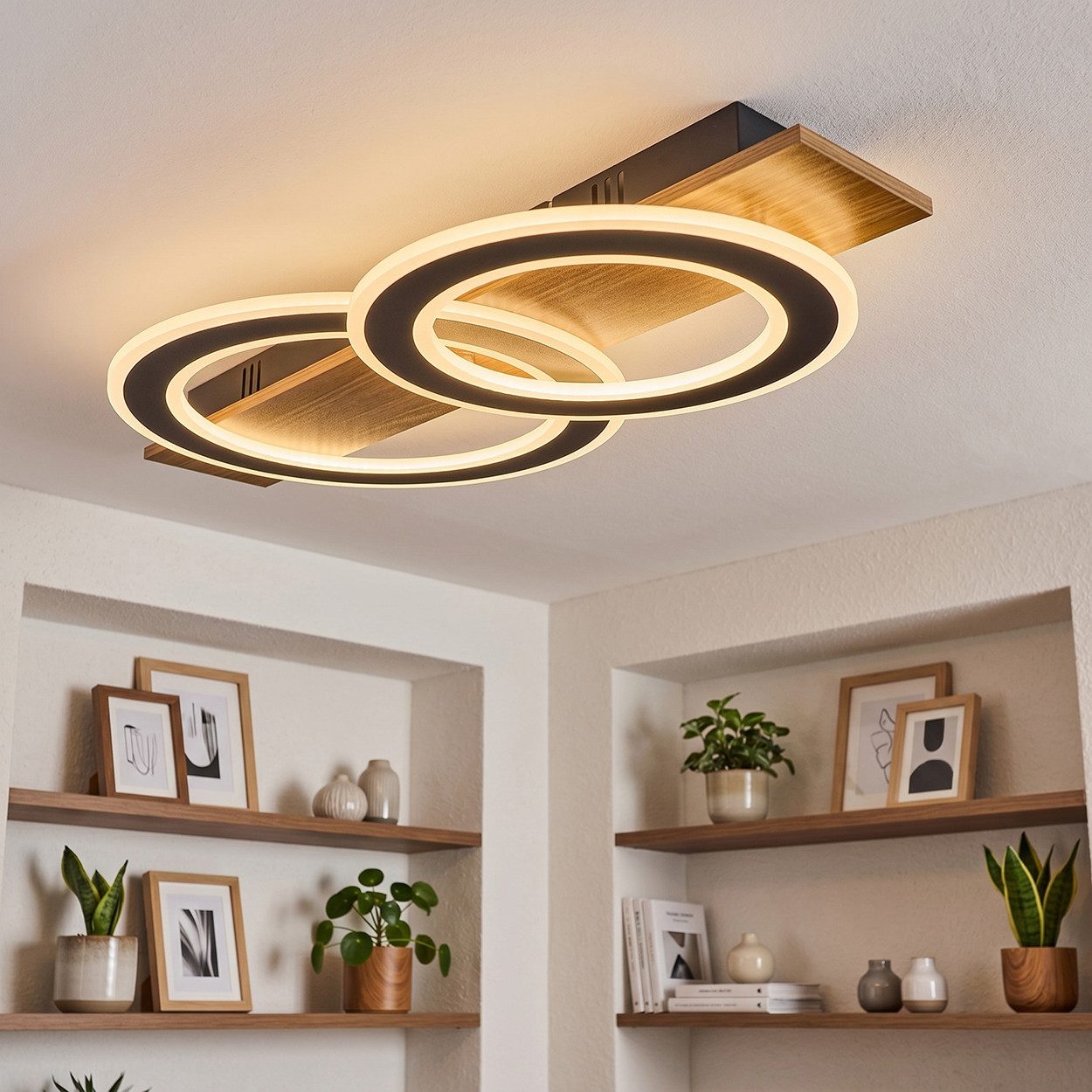 hofstein Deckenleuchte Deckenlampe aus Metall/Kunststoff in Schwarz/Holzoptik/Weiß, ohne Leuchtmittel, im modernen Design, 40 Watt, 3800 Lumen