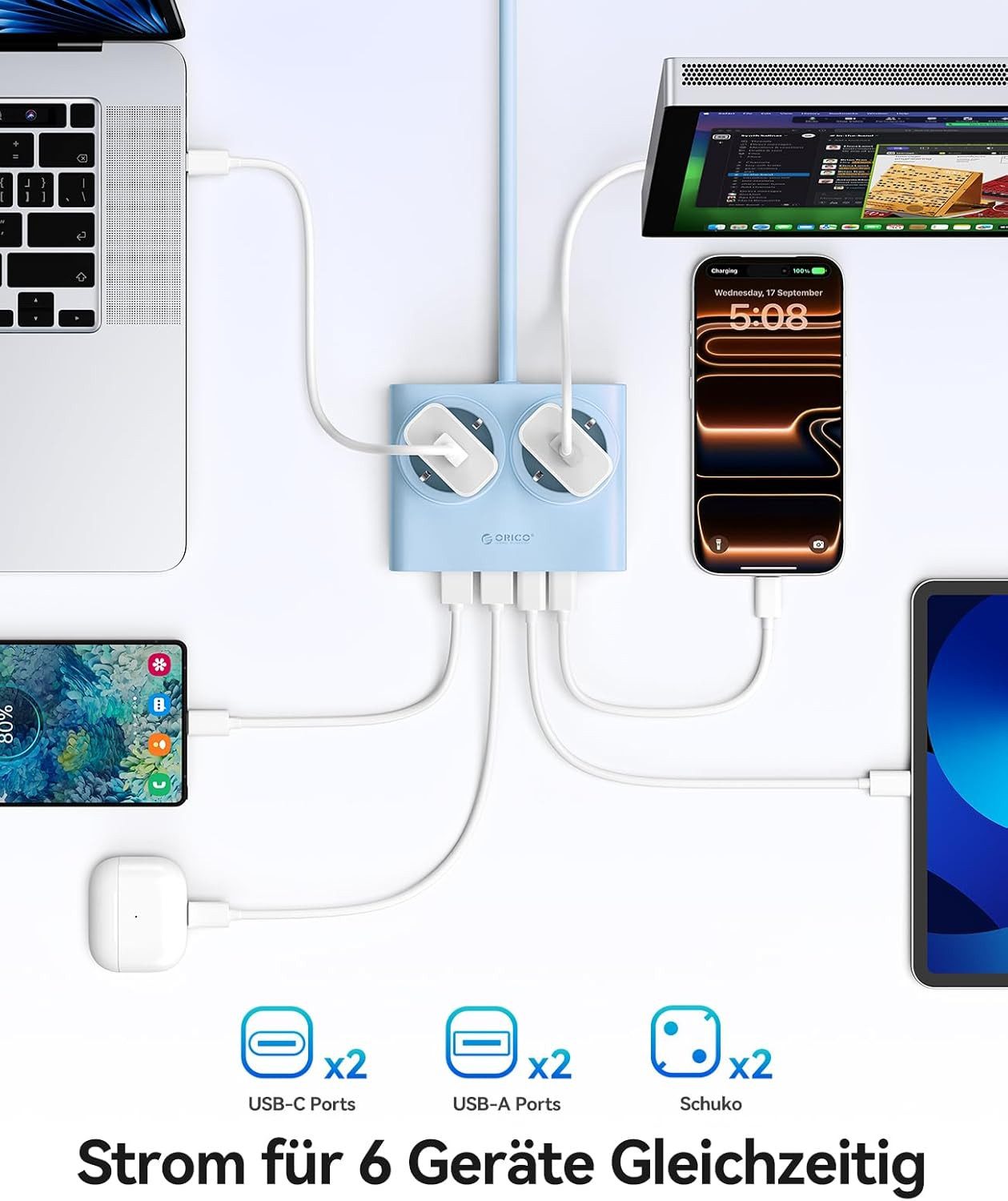 ORICO Steckdose 25W/15W GaN Mehrfachsteckdose 6-in-1 Steckdosenleiste,2AC+2USB +2CPD, flacher 1,3 cm Stecke, 1-St., 1,6 m Kabel, 2500 W., für Haushalt & Büro