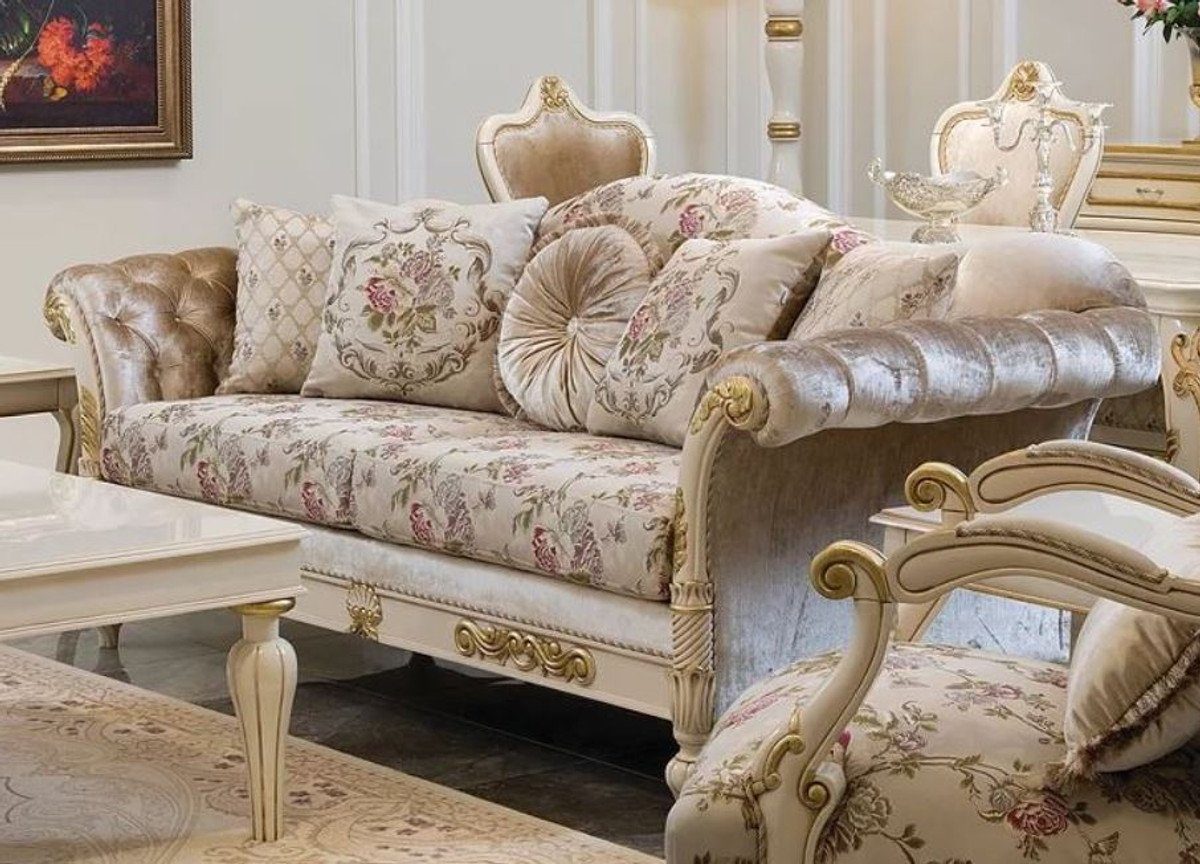 Casa Padrino Sofa Luxus Barock Sofa Creme / Rosa / Weiß / Gold 228 x 90 x H. 100 cm - Edles Wohnzimmer Sofa mit Blumenmuster und dekorativen Kissen - Barock Wohnzimmer Möbel | Alle Sofas