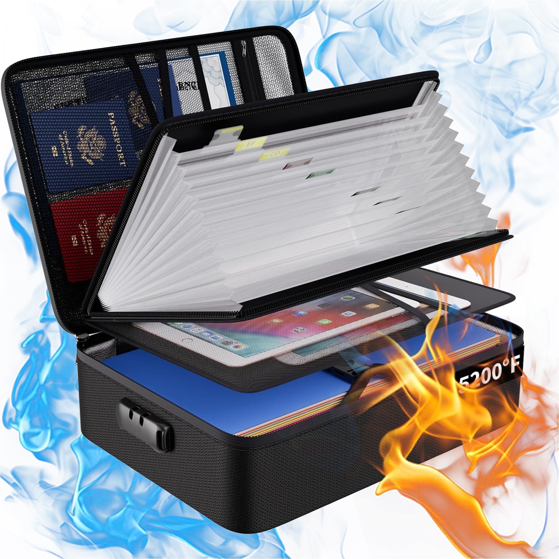 Mutig Dokumententasche Feuerfeste Dokumentenbox, Dokumententasche handtasche (mit 13 Fächer Tragbare Aktentasche Zuhause und Büro, 5200°F A4, Wasserfeste Dokumenten-Organizer, Etiketten), für Büro,im Auto, im Safe oder,sondern auch auf Reisen mitnehmen