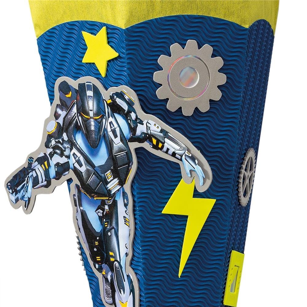 Roth Schultüte Bastelset Roboter, 68 cm, eckig, mit Kreppverschluss, Zuckertüte zum Basteln, Blau / Gelb