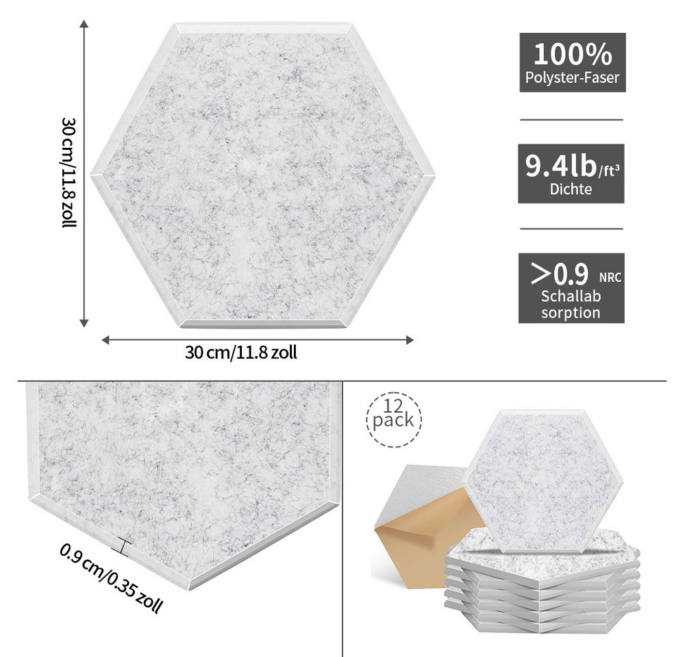 Thumbnail - PFCTART Schallschutzpaneel Sechseckige akustische Absorptionsplatte aus Polyesterfaserfilz, (12 Stück 30*30*0.9cm) Kann ...
