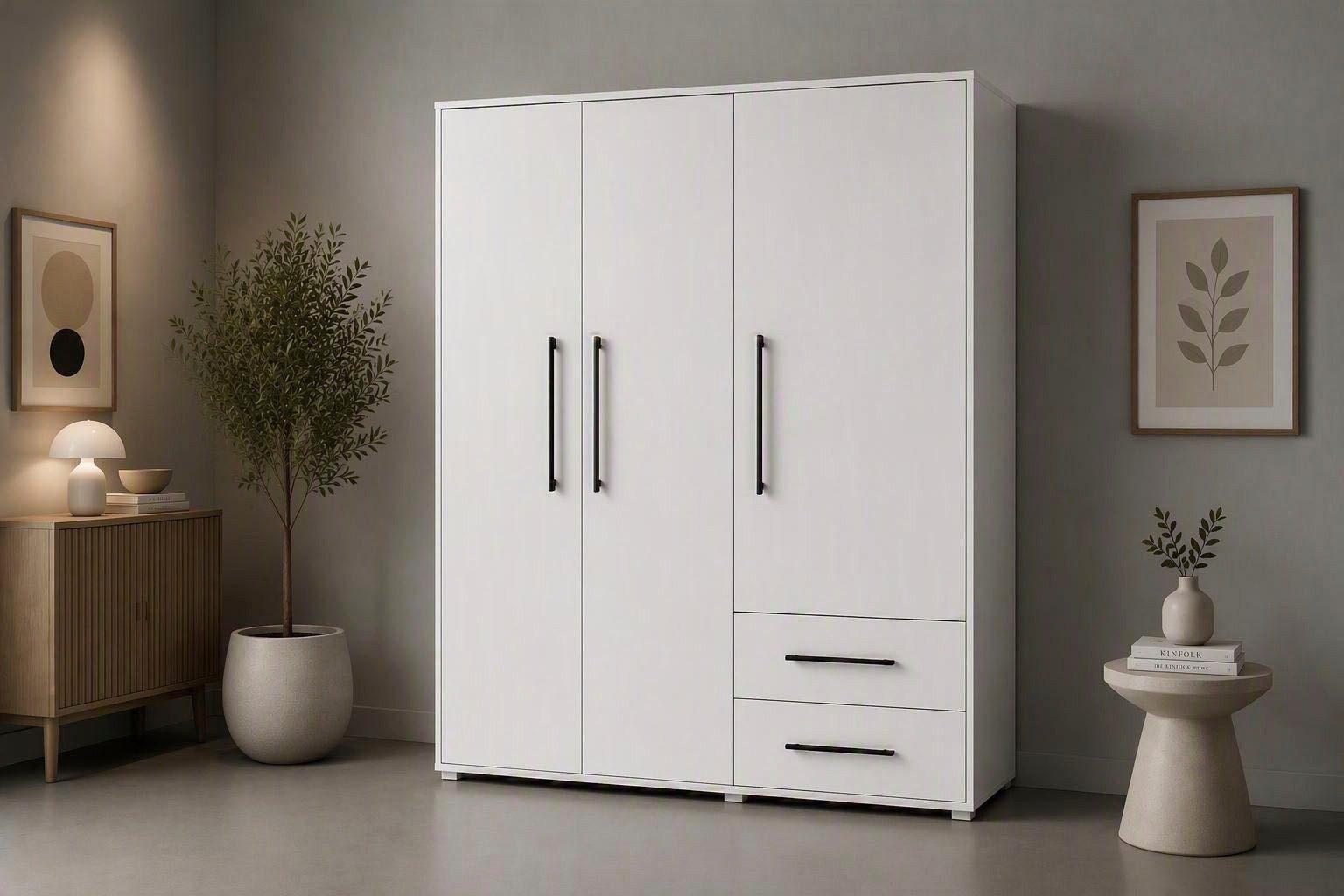FORTE Kleiderschrank Mokkaris, Garderobe, zeitloses Design, 3 Türen, Made in Europe (B/H/T ca. 144x200x59cm) Zwei Schubladen, schwarze Stangengriffe, Stauraum, auch in Schwarz
