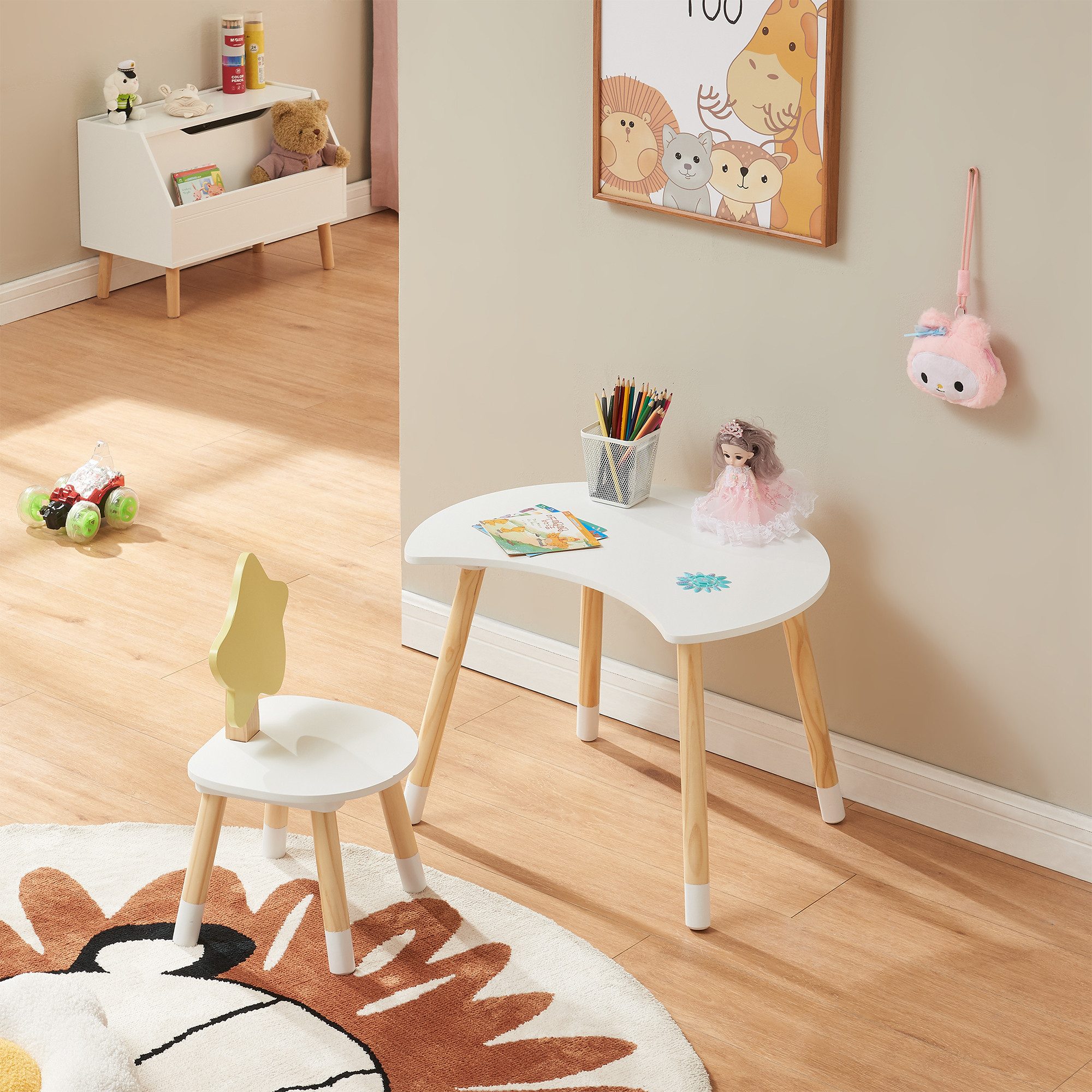 en.casa Kinderschreibtisch (Set, 2-St), mit Stuhl »Lallega« Kiefernholz + MDF Weiß