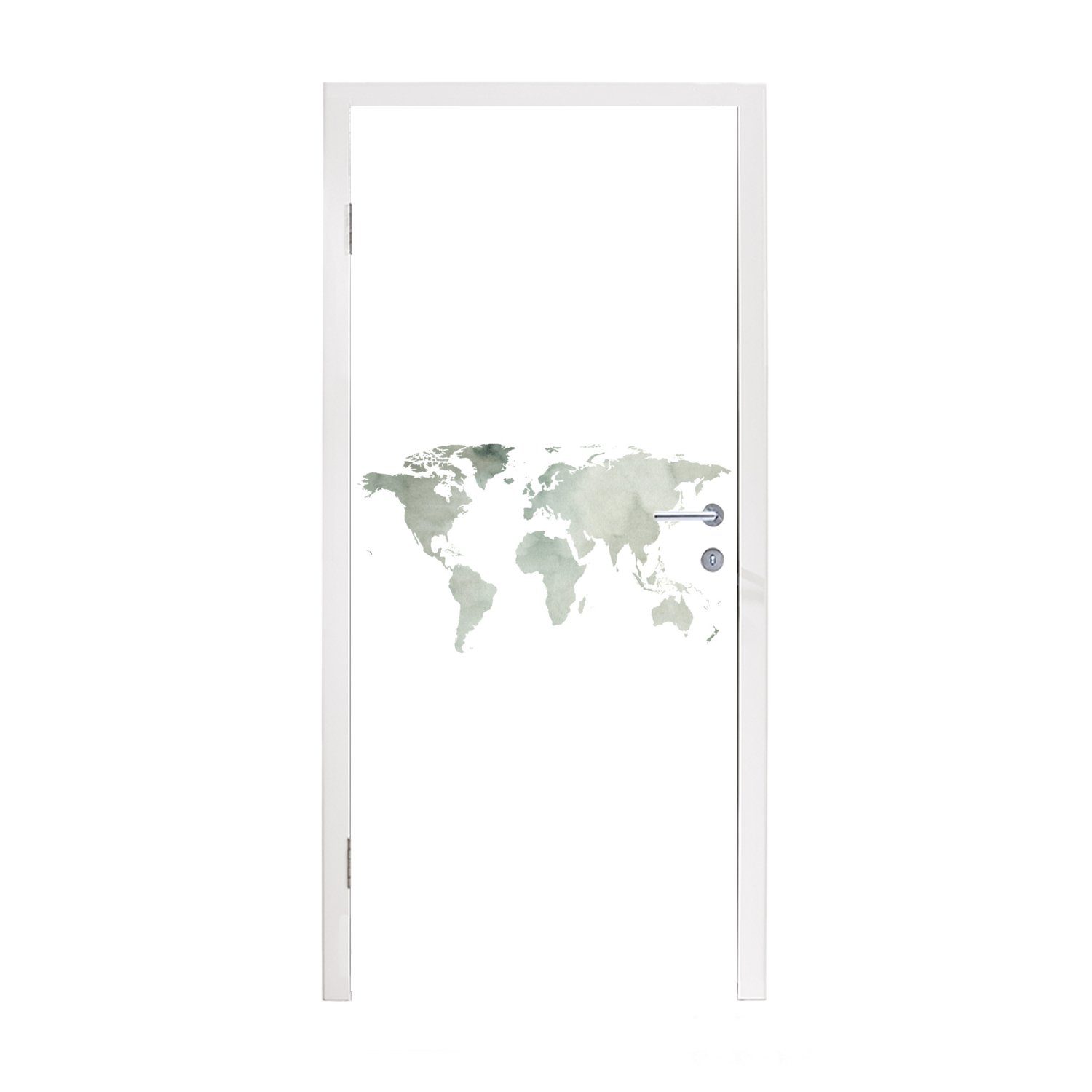 MuchoWow Türtapete Weltkarte - Grün - Grau, Matt, bedruckt, (1 St), Fototapete für Tür, Türaufkleber, 75x205 cm