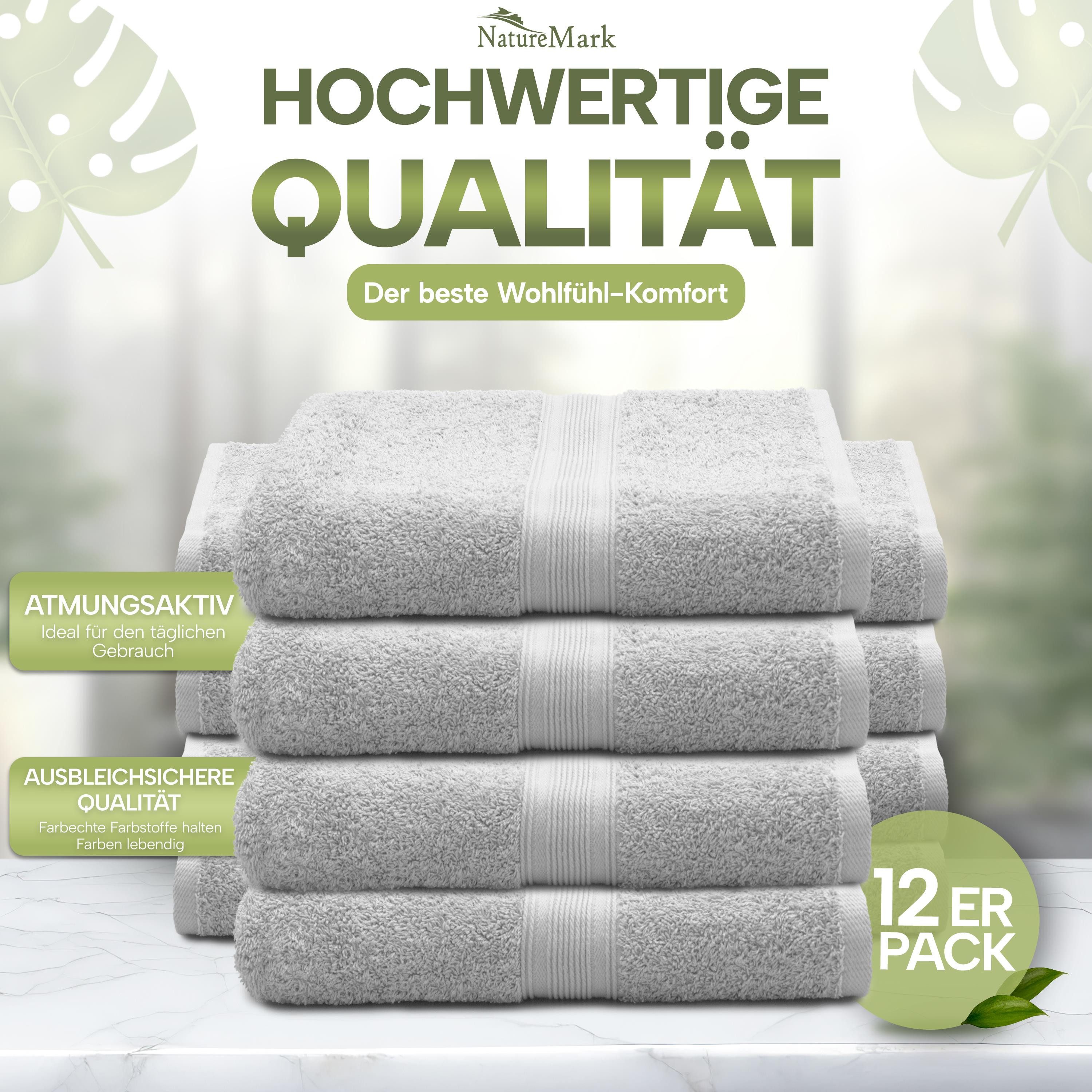 NatureMark Gästehandtuch Gästetuch 500gsm, 100% Baumwolle (12-St), Gästehandtuch Premium Qualität, 30x50cm, Silber grau
