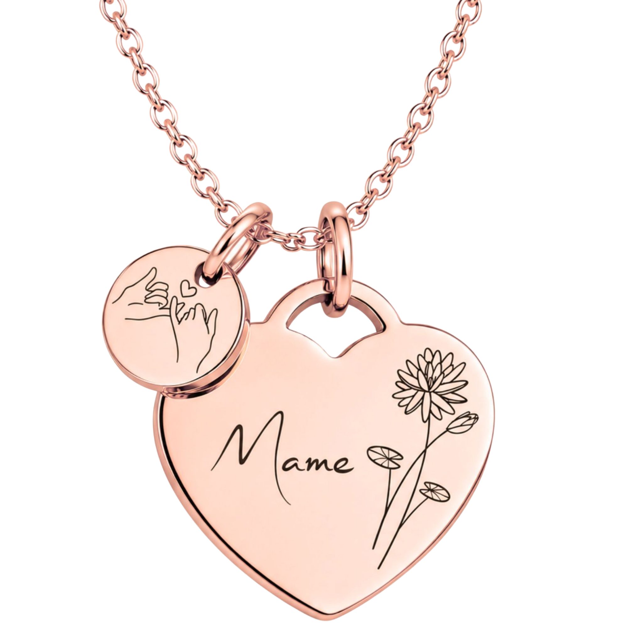 BS Schmuckdesign Kette mit Anhänger mit Gravur Personalisierte Halskette Damen Herzkette Name und Monatsblume Gravur (inkl. Gravur), vollständig personalisierbar inkl. Geschenkbox