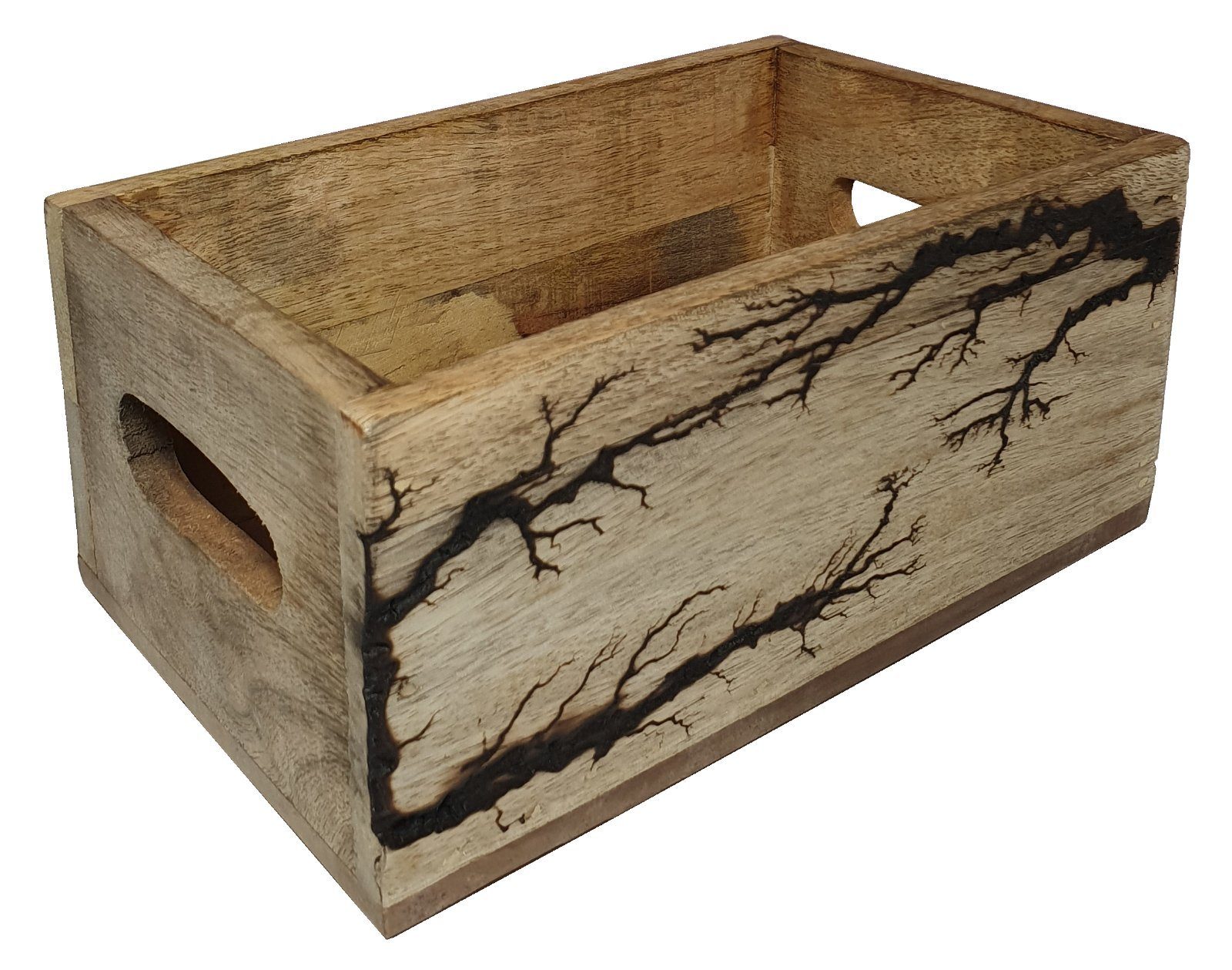 Meinposten Holzkiste Mangoholz Kiste Kasten massiv Mango Holz Box  Holzkasten mit 2 Griffen (1 St), Das Muster welches eingebrannt ist und an  Äste oder Blitze erinnert befindet sich auf der Vorder- und Rückseite