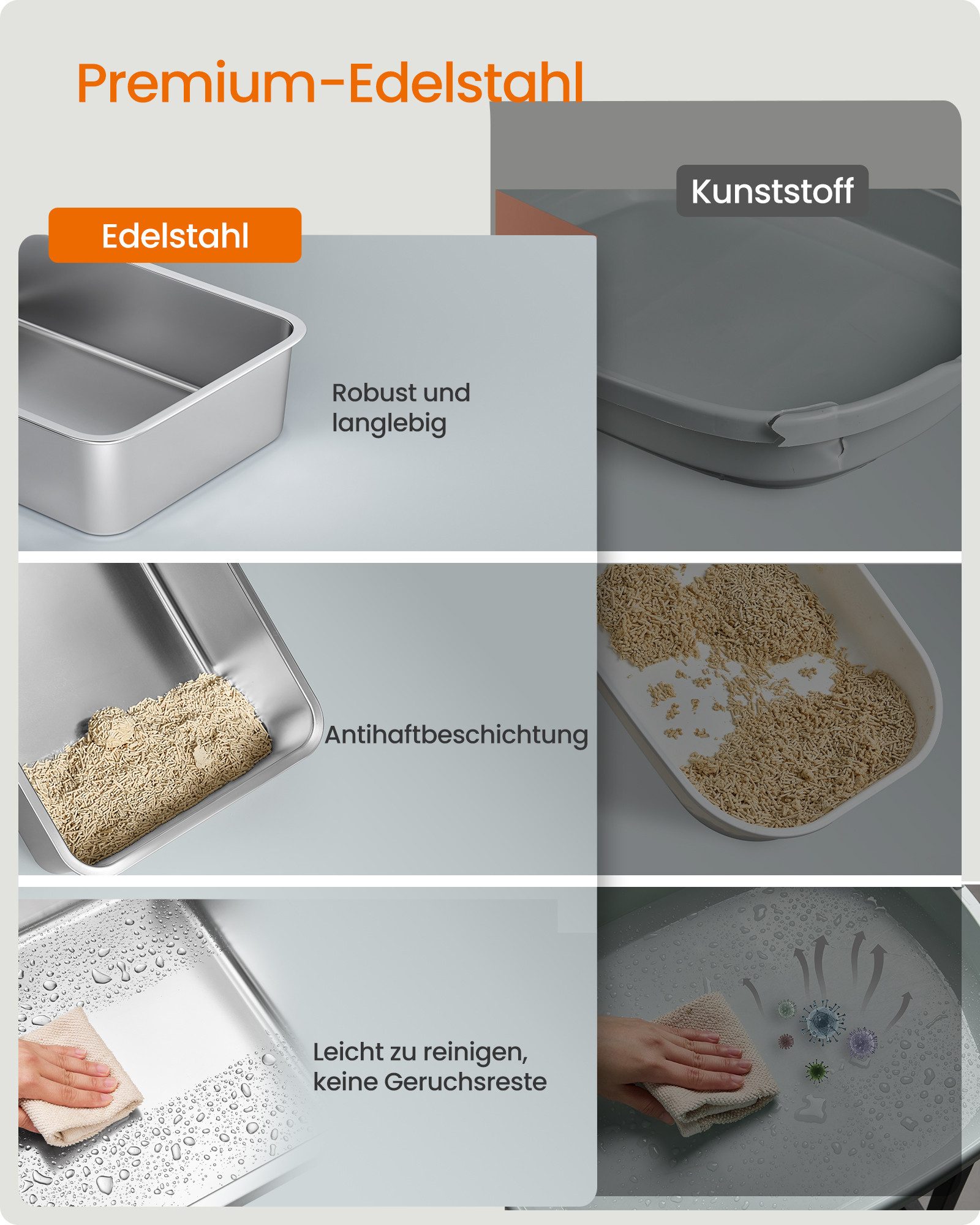 FEANDREA Katzentoilette Edelstahl, XL, mit Deckel, 2 Eingängen, für Katzen bis 15 kg