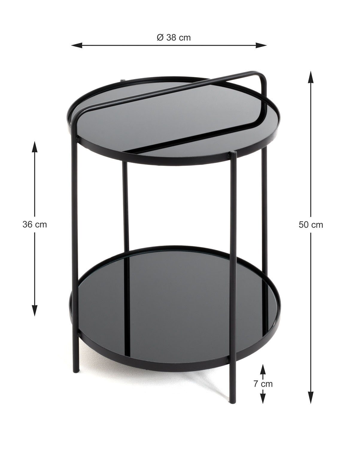 Platten Gestell Glas, Schwarz, 38 mit aus Beistelltisch Tragegriff WAKEFIELD, HAKU Ø aus Stahlrohr, cm,