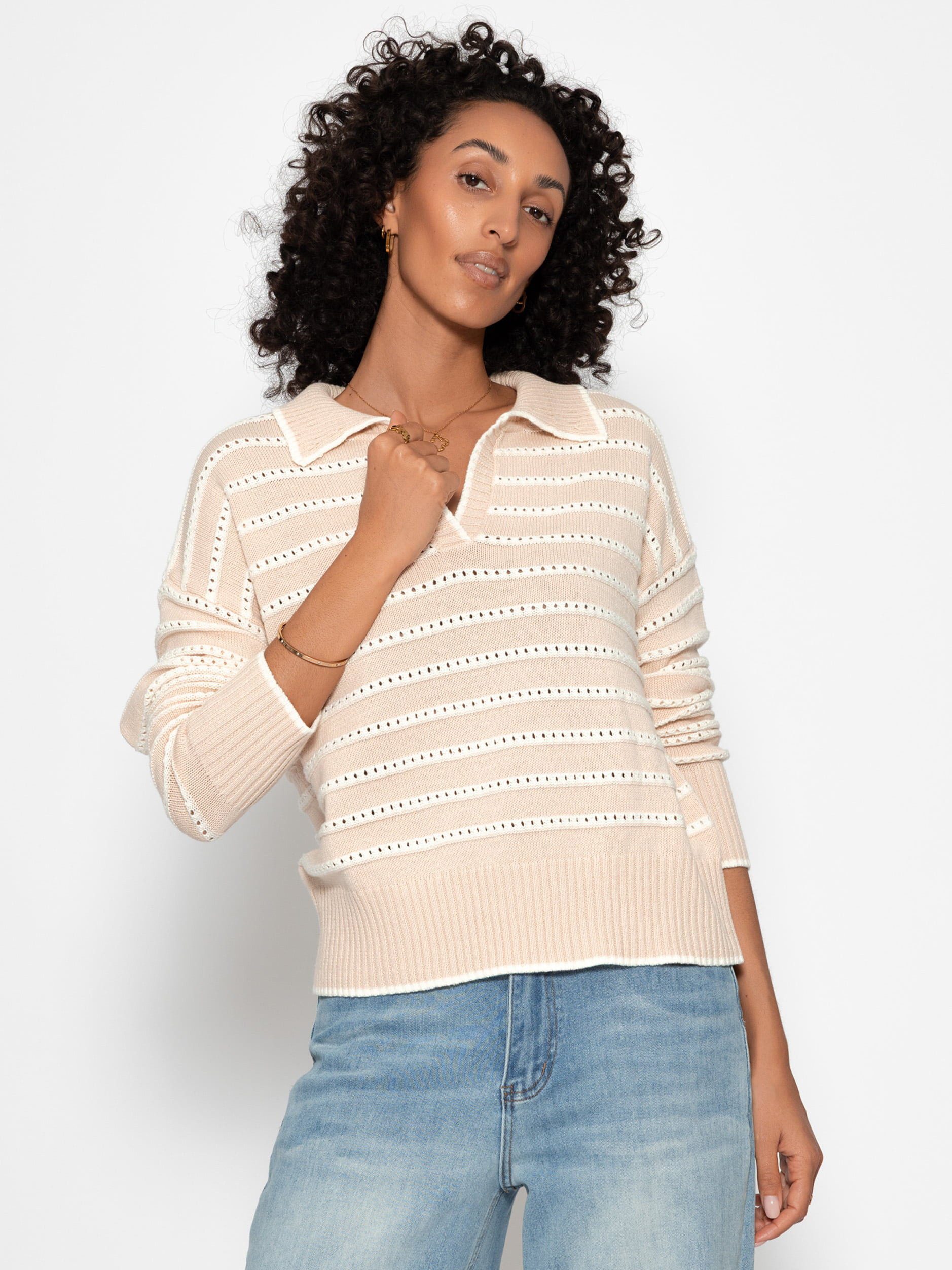 SASSYCLASSY Strickpullover Feinstrickpullover mit Polokragen für Damen Pullover mit Ajourstreifen und V-Ausschnitt in lockerem Schnitt