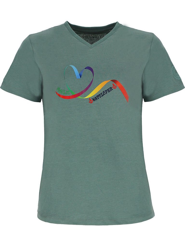 Wattlöper T-Shirt 11369 Damen Kurzarm-Shirt mit Schleifen-Herz-Print und Moin-Stickerei Sommershirt & Freizeitshirt für Freizeit, Urlaub und Sommer-Outfits