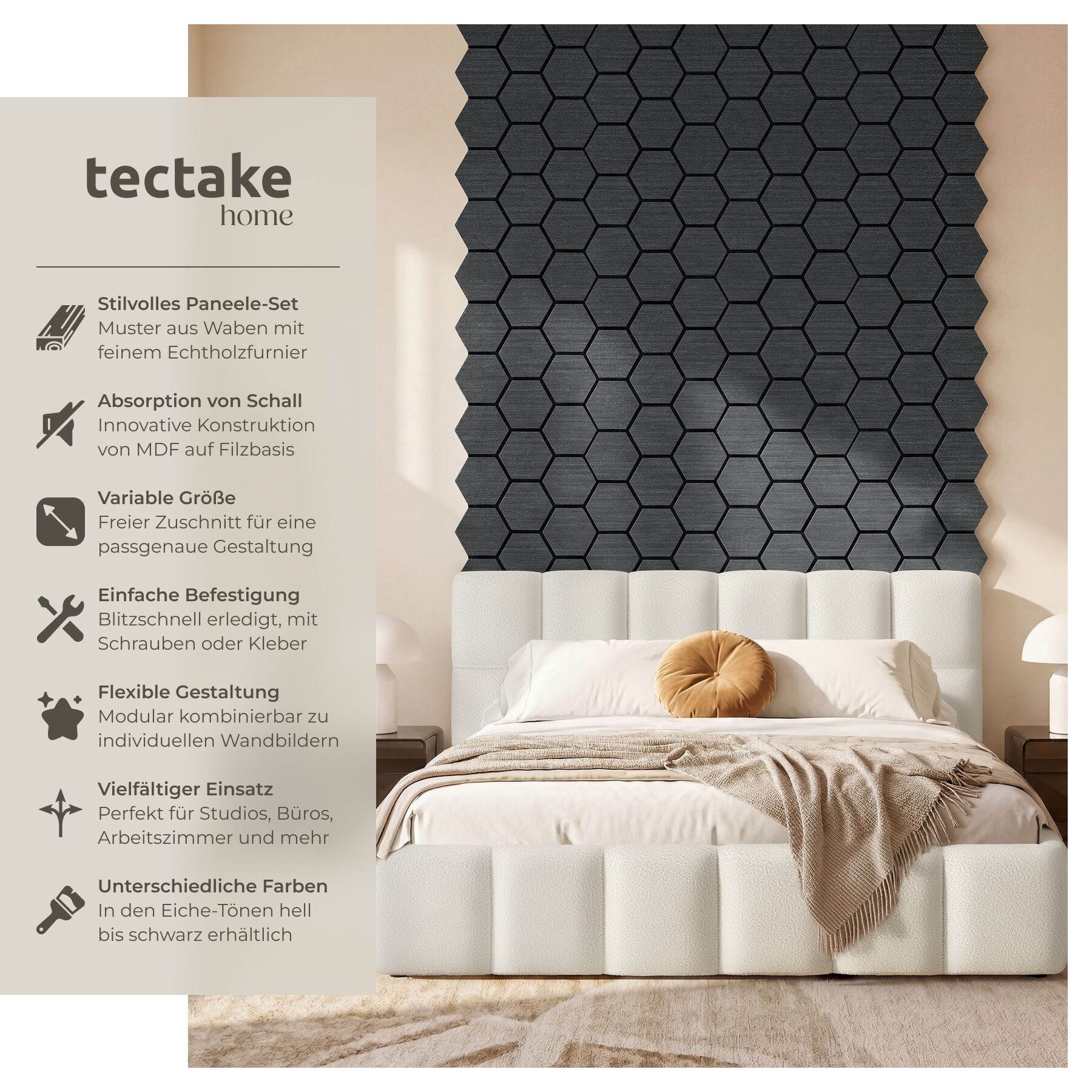 tectake Wandpaneel Akustikpaneele aus MDF und Echtholzfurnier, je 76 x 62 x 1,8 cm, BxL: 62x76 cm, 0.47 qm, (Schallschutzplatten mit Wabenmuster Sonic Shield, 4-tlg., Holzoptik in Eiche schwarz) schallabsorbierender Filz, einfache Montage mit Kleber oder Schrauben