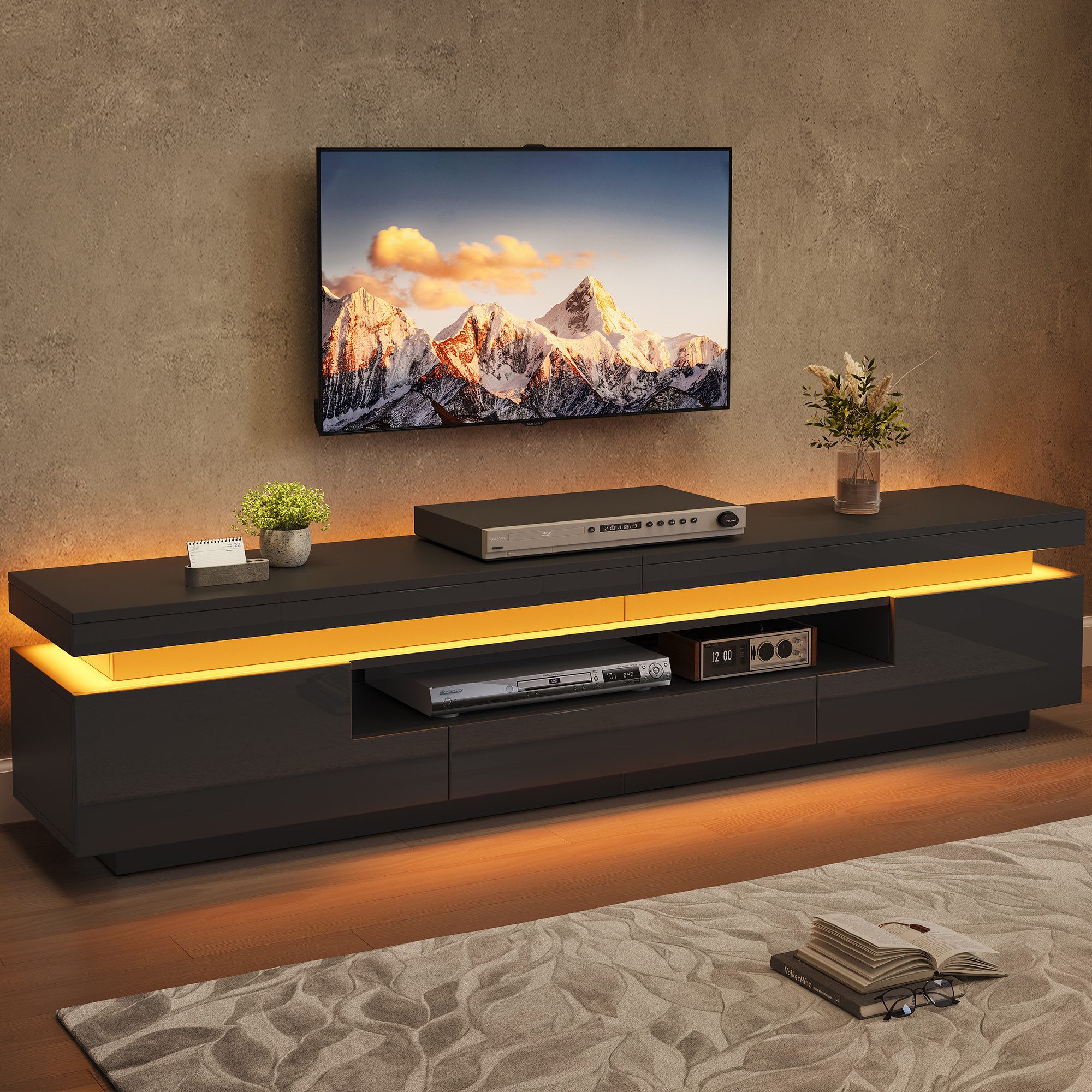 Fine Life Pro TV-Schrank Lowboard / TV‑Schrank / TV‑Lowboard mit LED‑Beleuchtung 175×38×45 cm, für Fernseher bis 75 Zoll