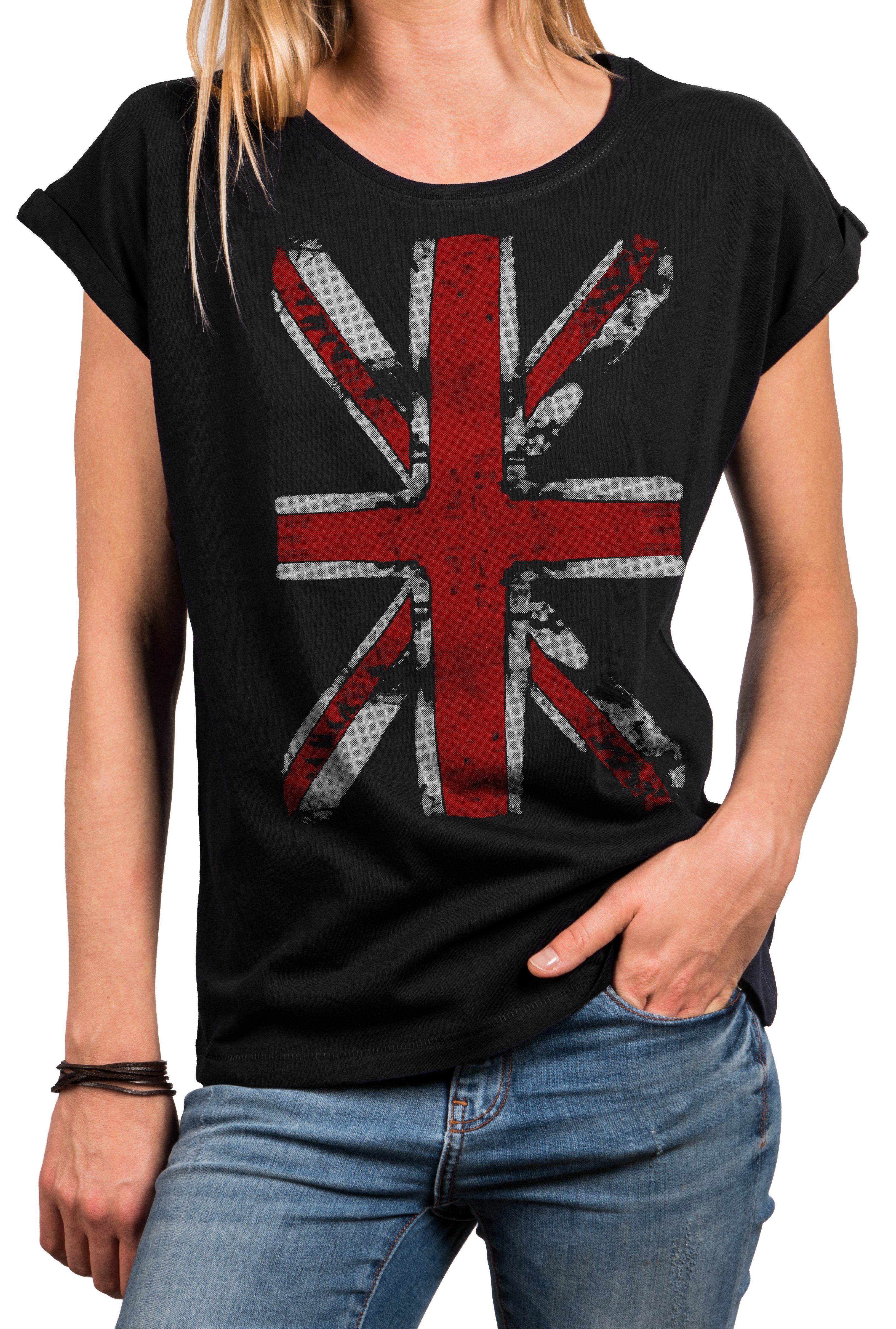 MAKAYA Print-Shirt Damen Top mit Union Jack Fahne - UK Flagge Großbritannien England (Vintage Aufdruck, schwarz, blau, grau) Baumwolle, große Größen