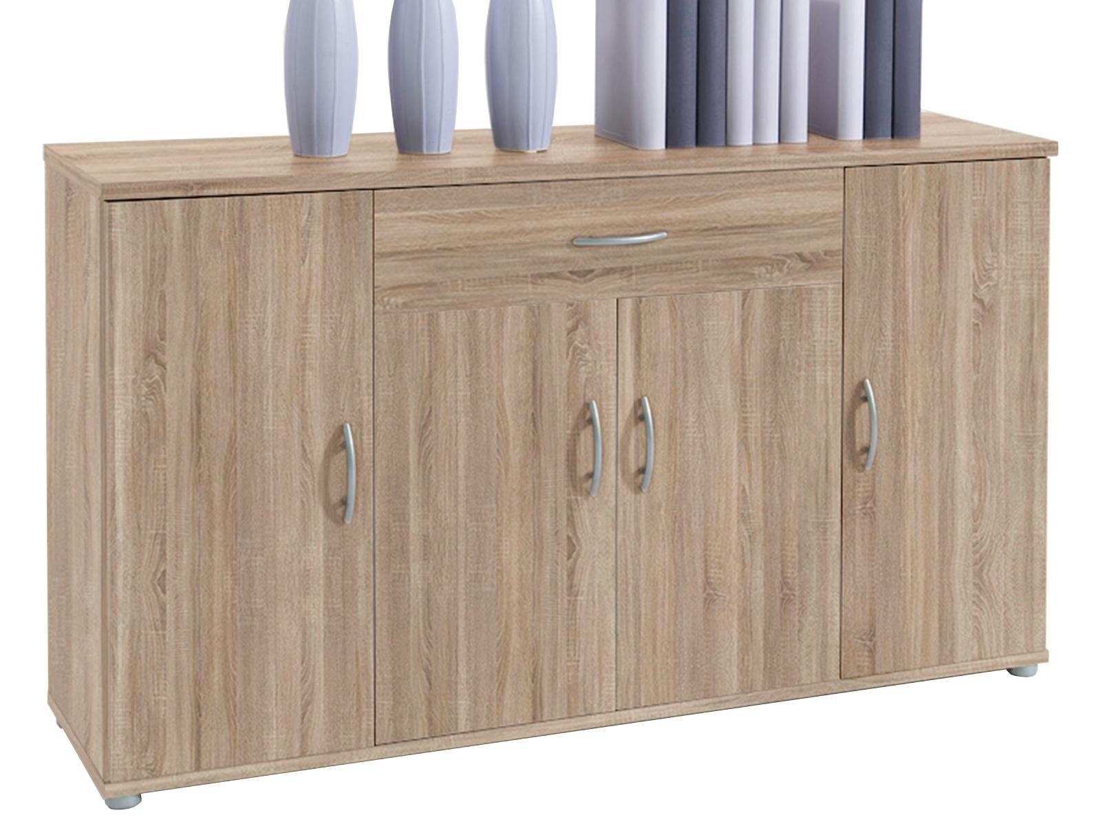 möbelando Sideboard Lissy, Sideboard aus Spanplatte in Sonoma-Eiche Nachbildung mit 4 Türen, 3 Einlegeböden und 1 Schubkasten. Breite 118 cm, Höhe 70 cm, Tiefe 30 cm.