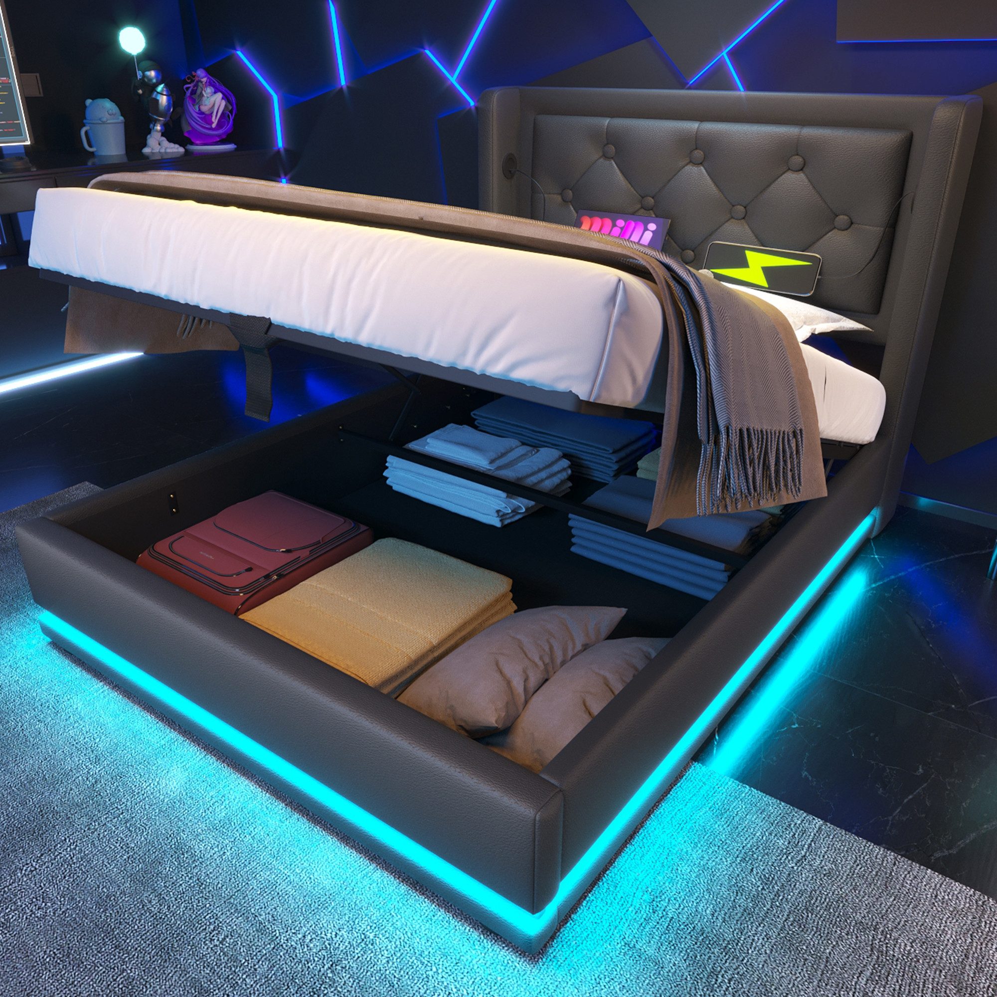 Flieks Polsterbett, LED Hydraulisches Stauraumbett Einzelbett 90x200cm mit günstig online kaufen
