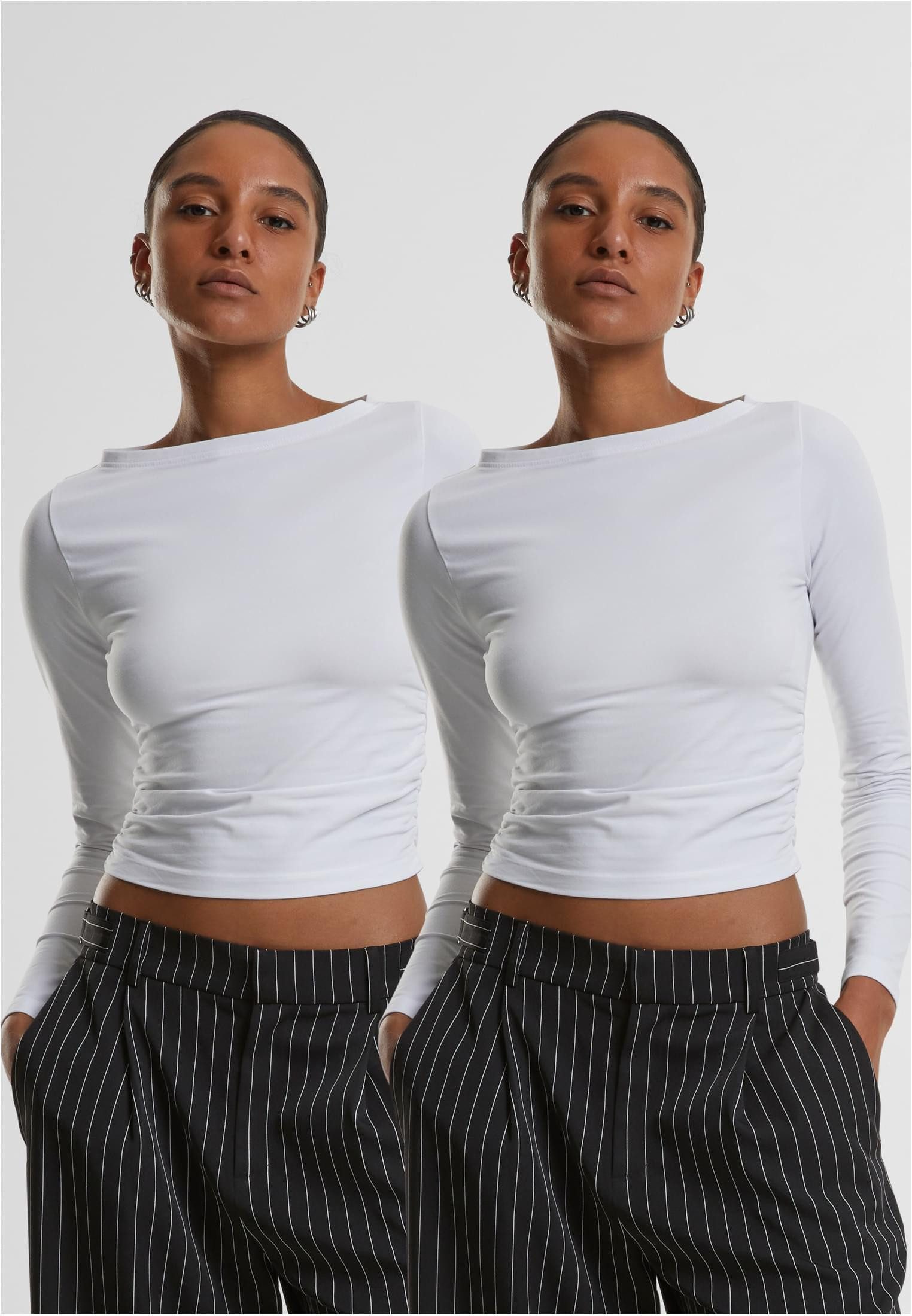URBAN CLASSICS Longsleeve Ladies Ruffled Super Slim Longsleeve 2-Pack Damen Langarm