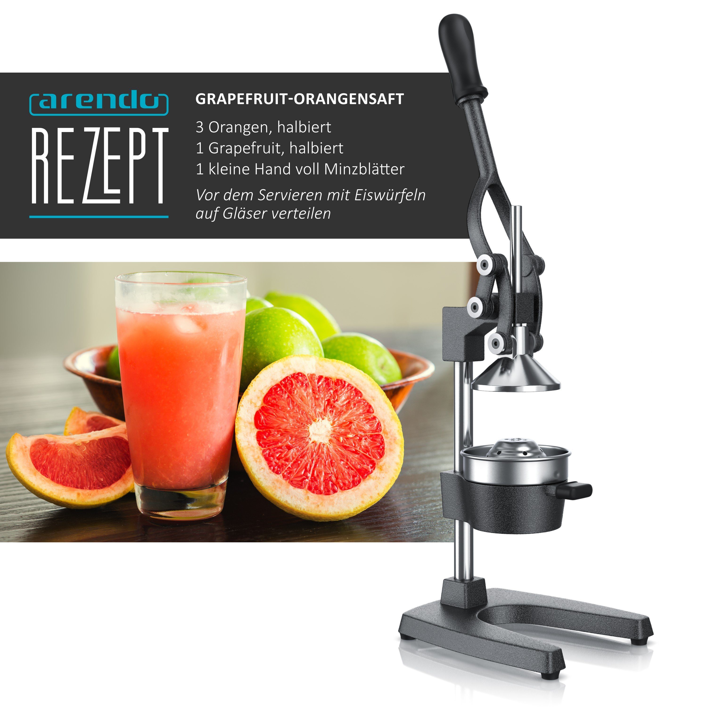 Arendo Obstpresse Handentsafter Edelstahl, mechanischer Entsafter, Orangenpresse, Edelstahl, Saftpresse, für Orangen Pampelmusen Zitrusfrüchte, massive Bauweise – Bild 5 von 5
