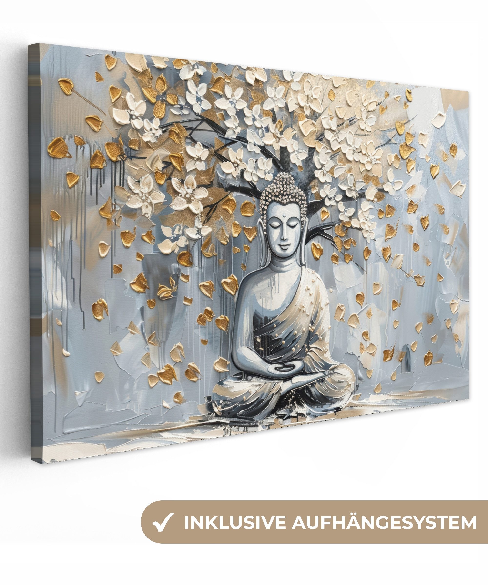 OneMillionCanvasses® Leinwandbild Buddha - Blumen - Baum - Gold - Modern, Fotodruck (1 St), Leinwand Изображения Klein, Wand Dekoration Aesthetic 30x20 cm
