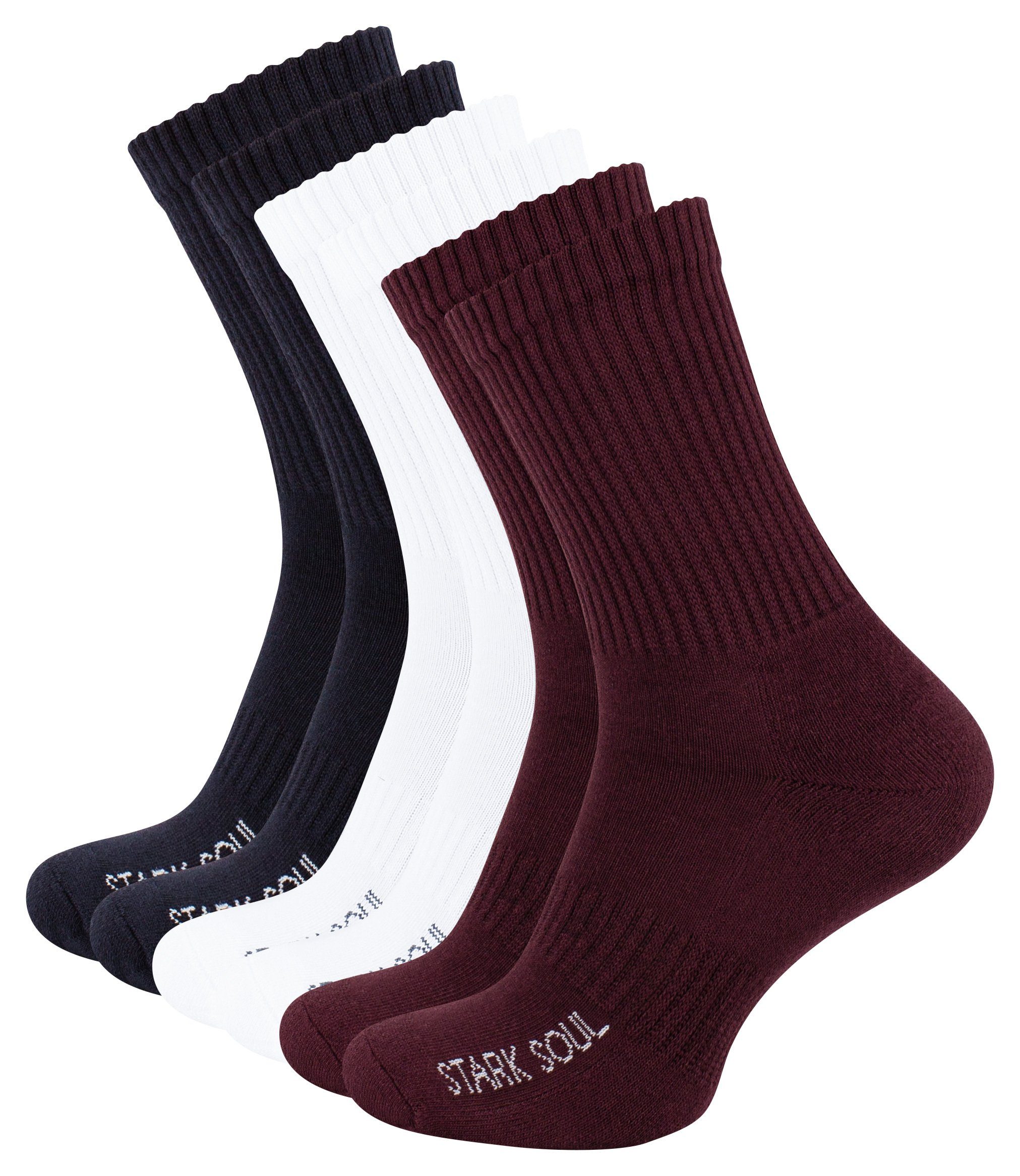 (6 gekämmte Sportsocken flache Sportsocken FROTTEESOHLE, Zehennaht, Burgund/Weiss/Marineblau Paar) mit gepolsterte Soul® Frottee-Sohle Baumwolle Stark