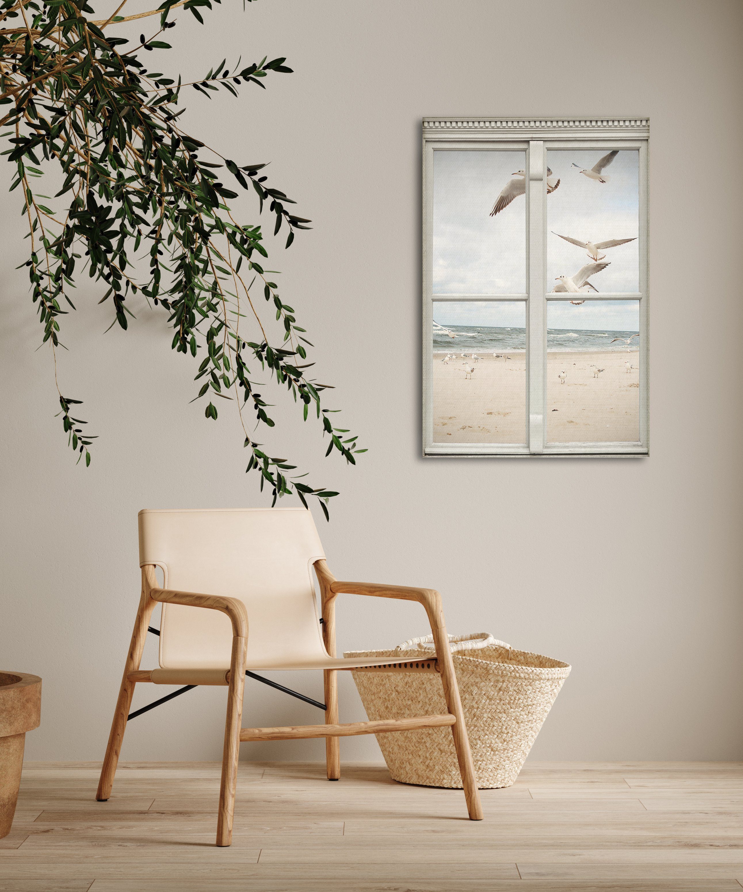 queence Leinwandbild Möwen, Fensterblick, Meer, Natur, Vögel (1 St), Premium-Leinwandstoff