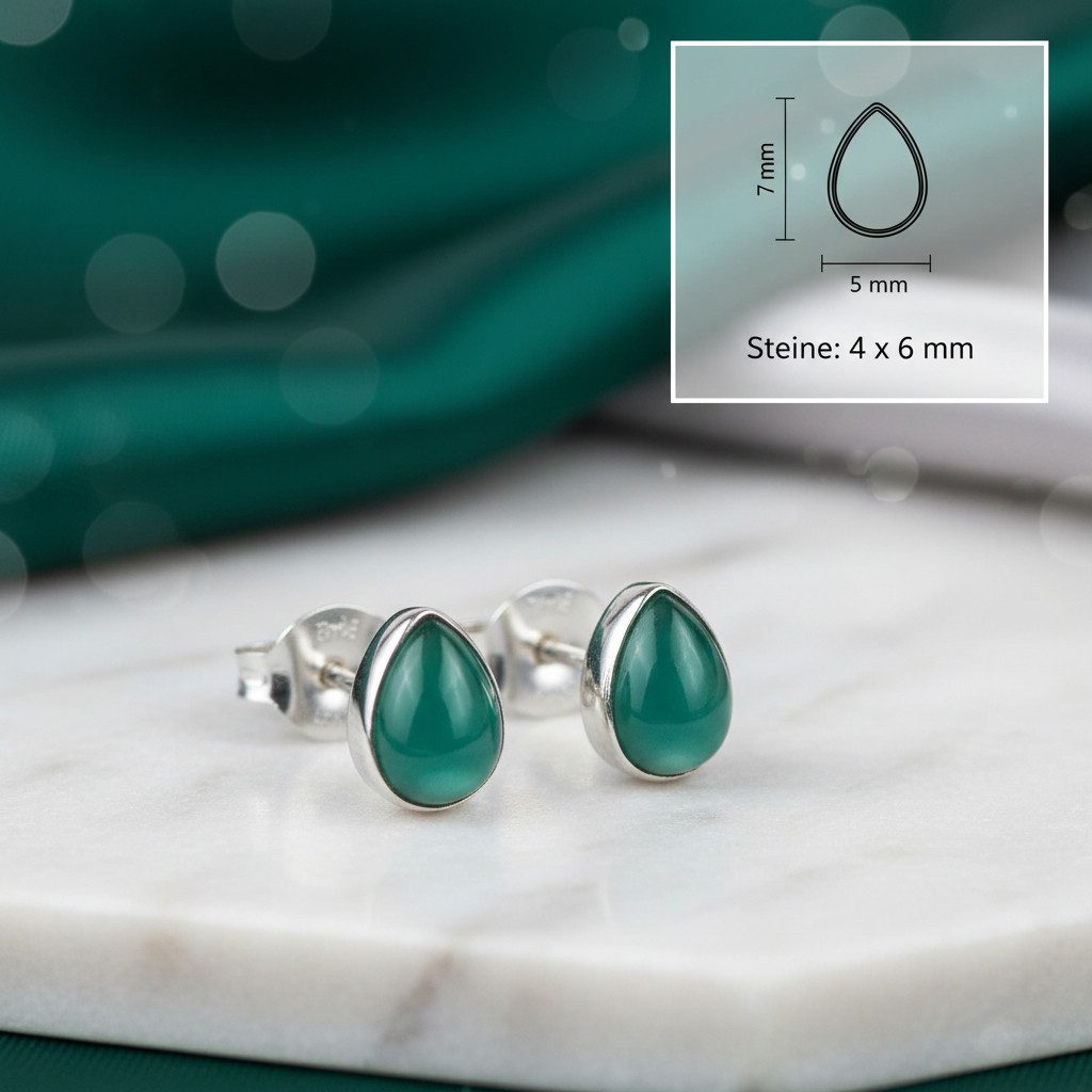 mantraroma Paar Ohrstecker SAMA Tropfen aus 925 Silber mit grünen Onyx (Paar, Paar Ohrringe mit Schmuckbeutel), 925 Sterling Silber Ohrringe für Damen