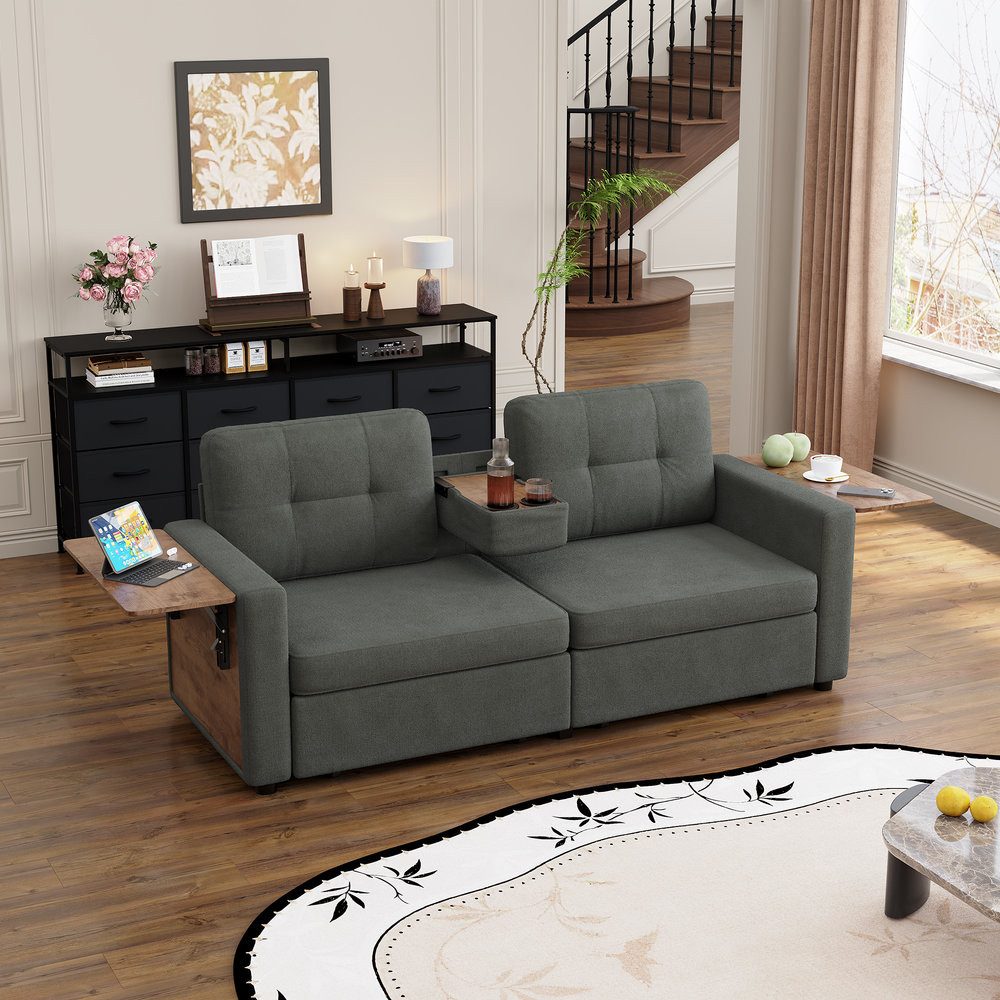 Odikalo Loungesofa 2-Sitzer-Chenille Sofa mit Staufächern und verstellbarer Sitzfläche, sofas wohnzimmer ausgestattet mit einem ausklappbaren Laptop-Tisch und Getränkehaltern, stoffsofa für das Wohnzimmer, 178 L x 71 B x 57,5 H (cm)