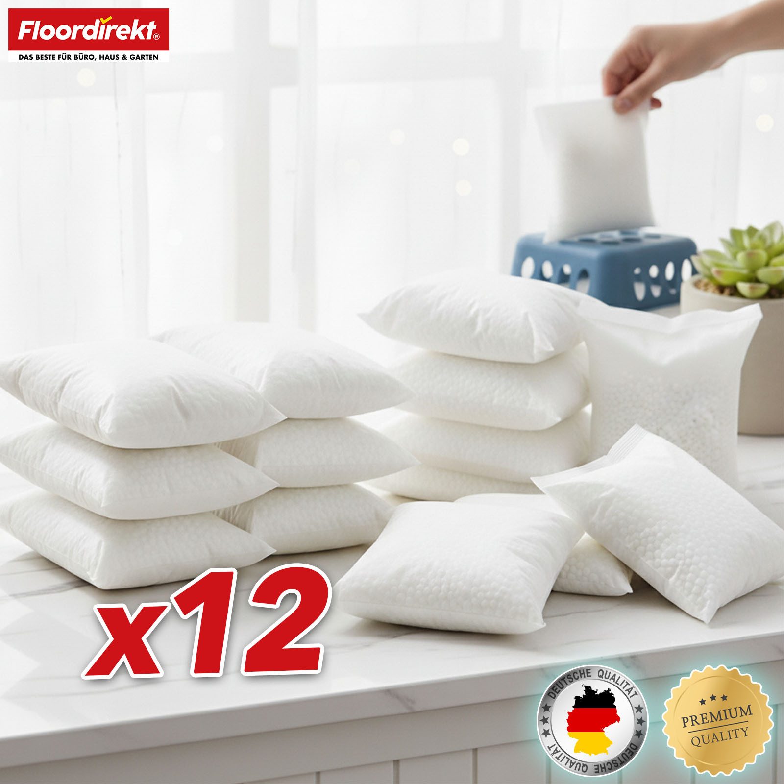 Floordirekt Luftentfeuchter-Nachfüllpack 12er Set – Raumentfeuchter Granulat gegen Feuchtigkeit, für gängige Luftentfeuchter Modelle, stromlos, Nachfüllbeutel für Raumentfeuchter - bis ca. 40 m²
