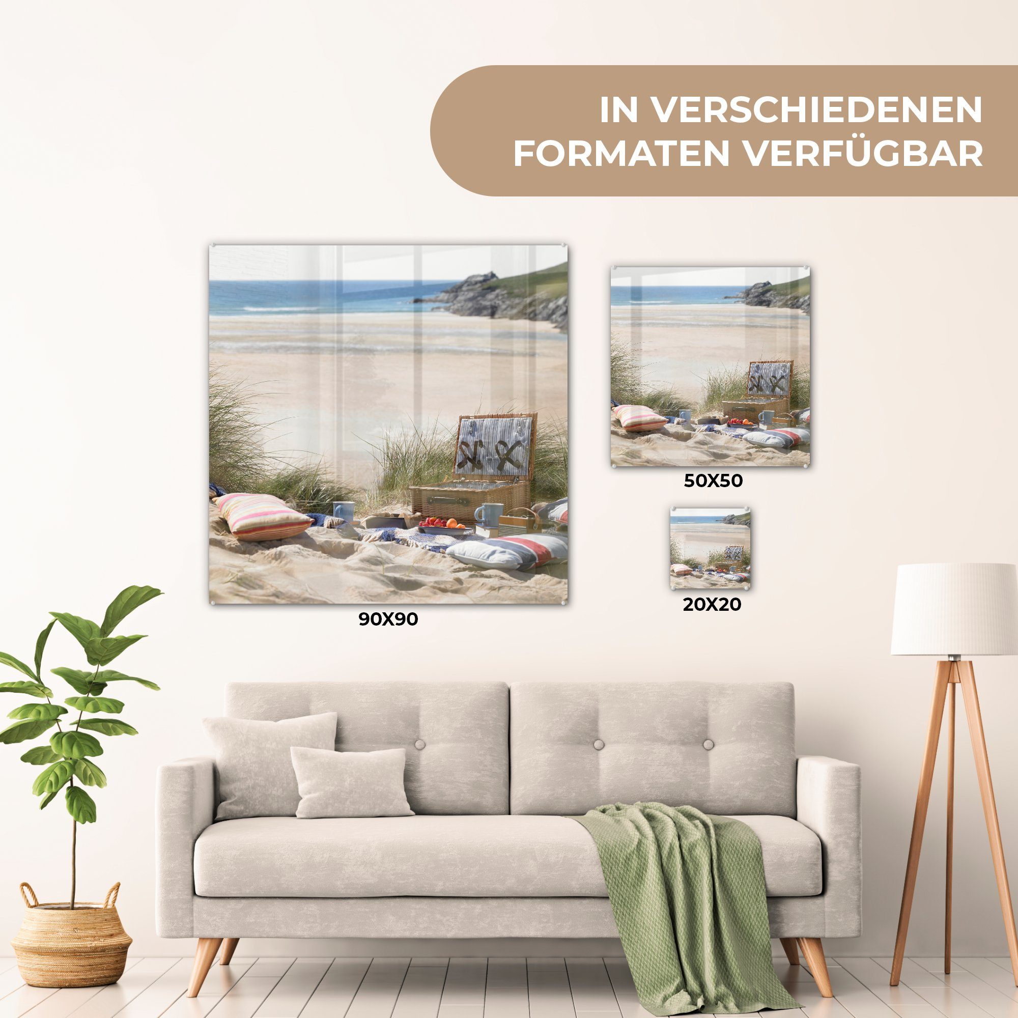 auf (1 - - in - den St), Foto Dünen Strandes, Wanddekoration des auf Wandbild Glas Acrylglasbild in der MuchoWow Nähe Glas Picknick Bilder Glasbilder