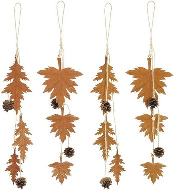 Dekoleidenschaft Dekohänger "Herbstblätter" aus Metall in Rost-Optik, 45 cm hoch (4er Set), verziert mit Naturzapfen und Holzperlen