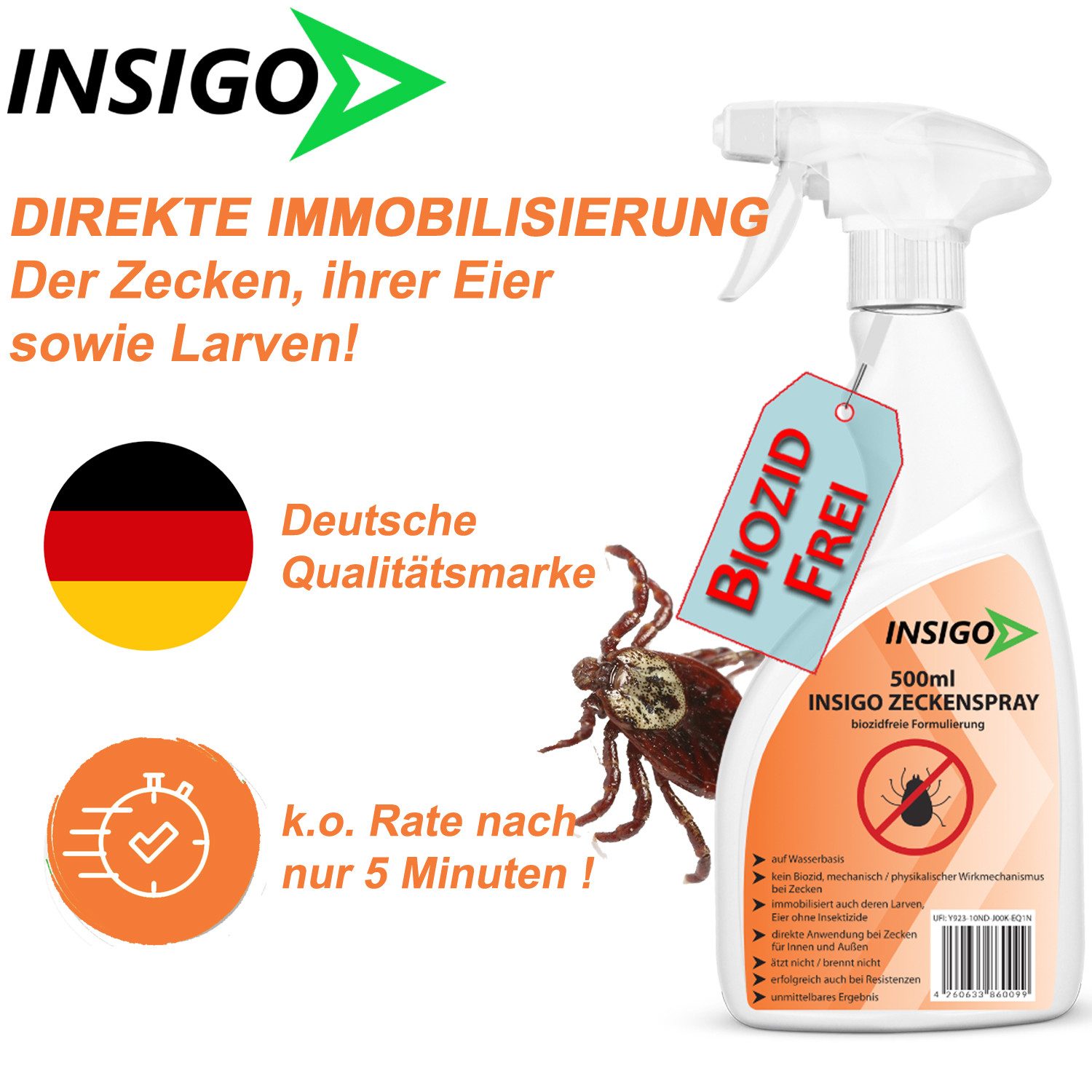 INSIGO Insektenspray INSIGO ZECKE, 2 l, biozidfreie Formel, auf Wasserbasis, geruchsarm, brennt / ätzt nicht