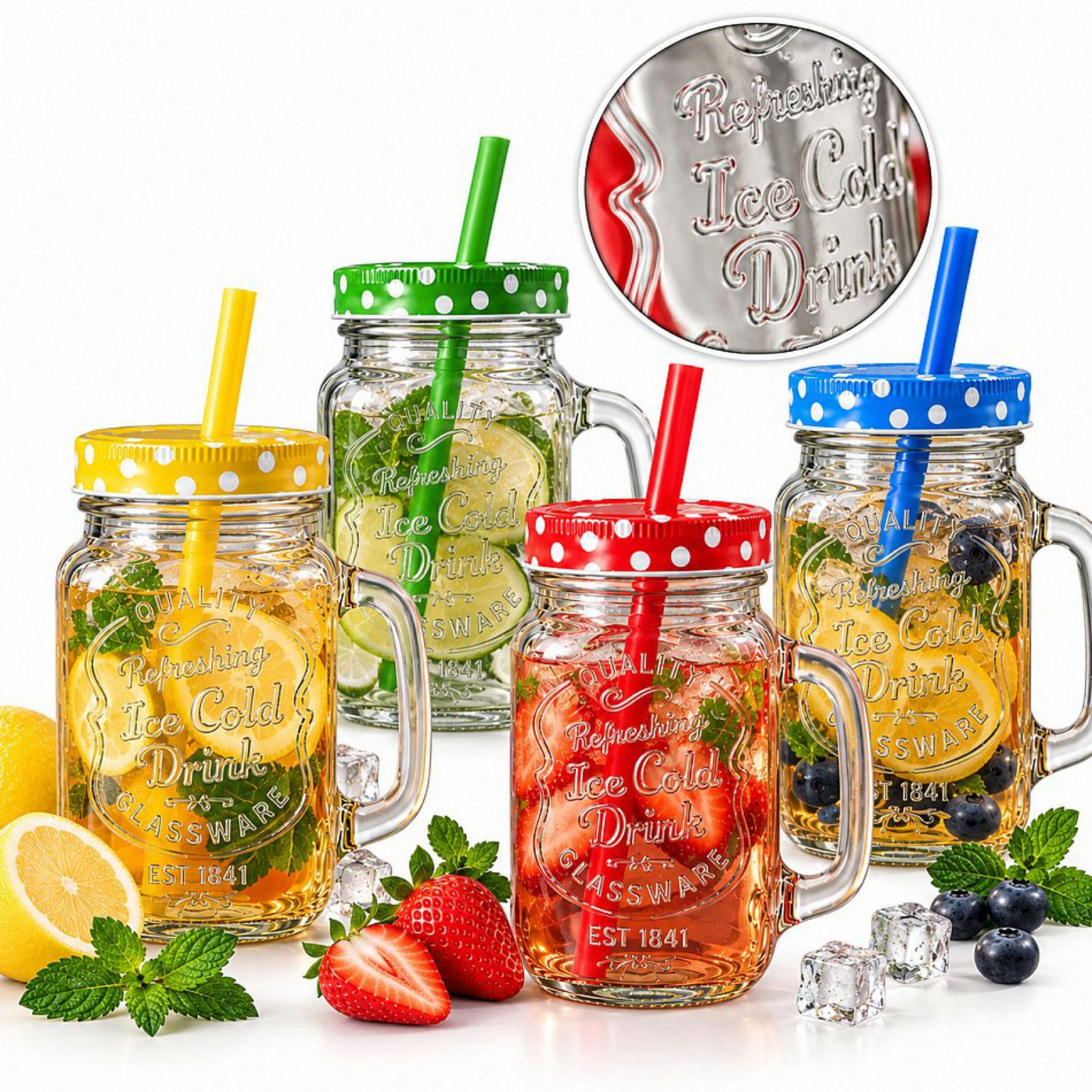 Koopman Gläser-Set Trinkglas Cocktailglas mit Strohhalm 450ml 4er Set, Glas, 4 Stk, Glas, 13,5x10x7,5cm, Henkel