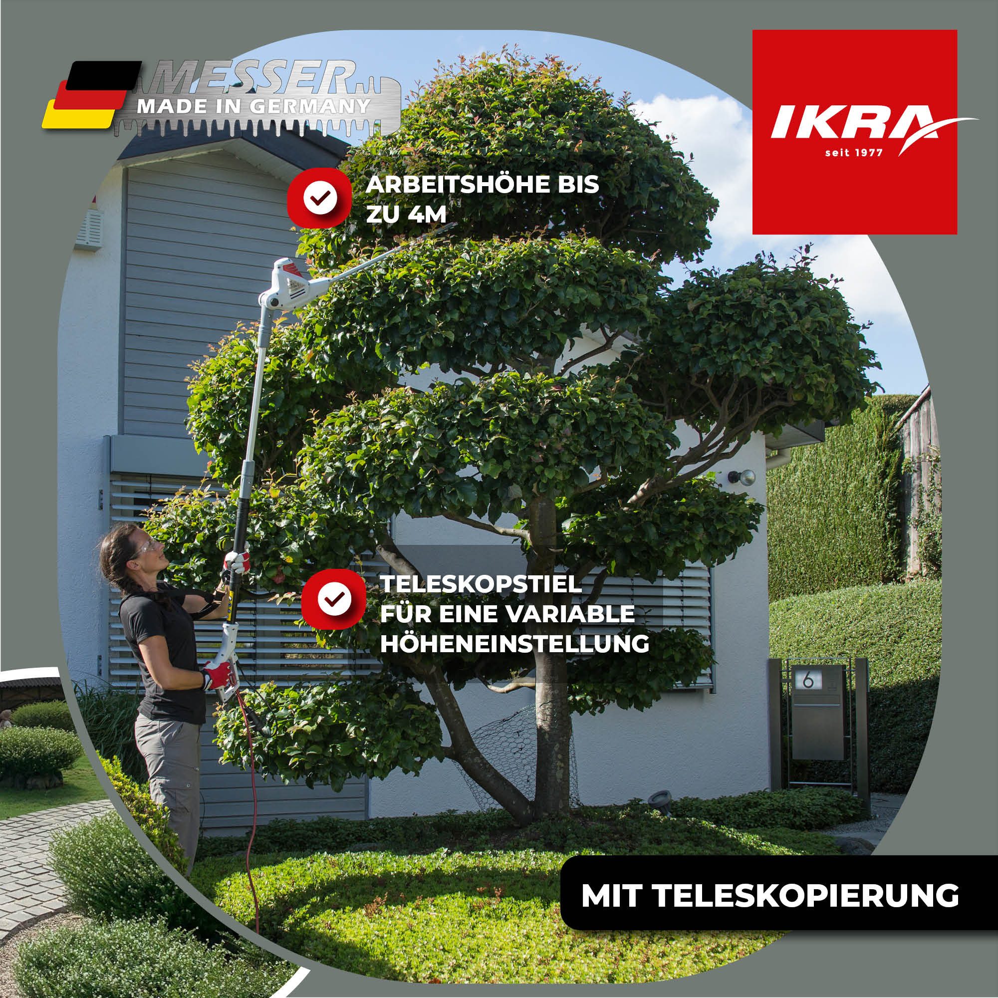 ikra GmbH Teleskop-Heckenschere ITHS 600, bis 2,40 m Arbeitshöhe, Laser- & diamantgeschliffenen Qualitätsmesser "Made in Germany“