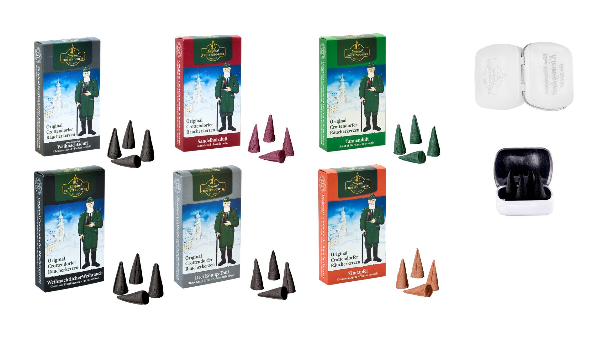 Crottendorfer Duftkerze Räucherkerzen 6er Set - Weihnachtsdüfte - 144 Stück + 4 Haamitkerle, festliche Düfte für weihnachtliches Ambiente - Made in Germany